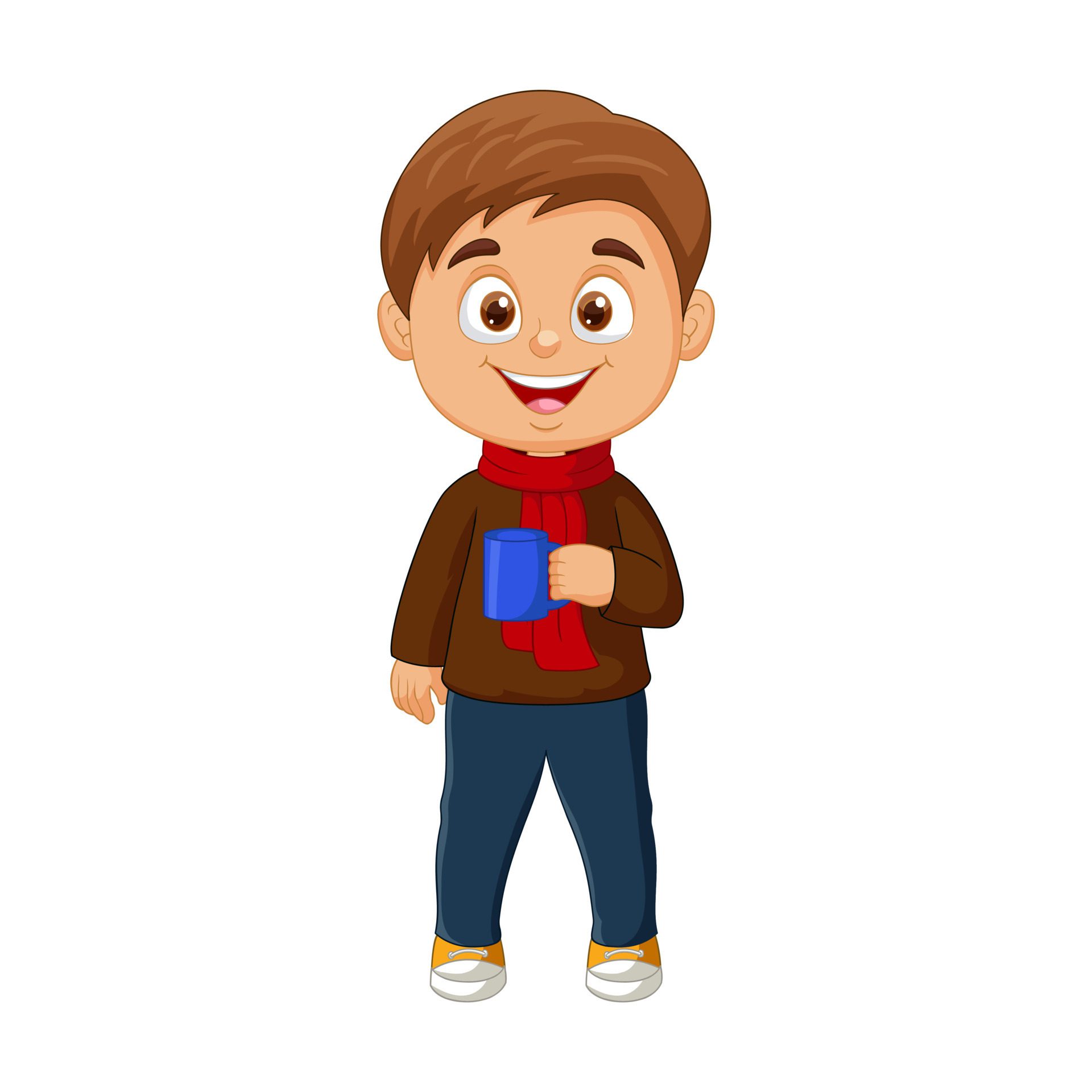 Vector cartoon boy wearing jacket holding hot coffee Free Vector