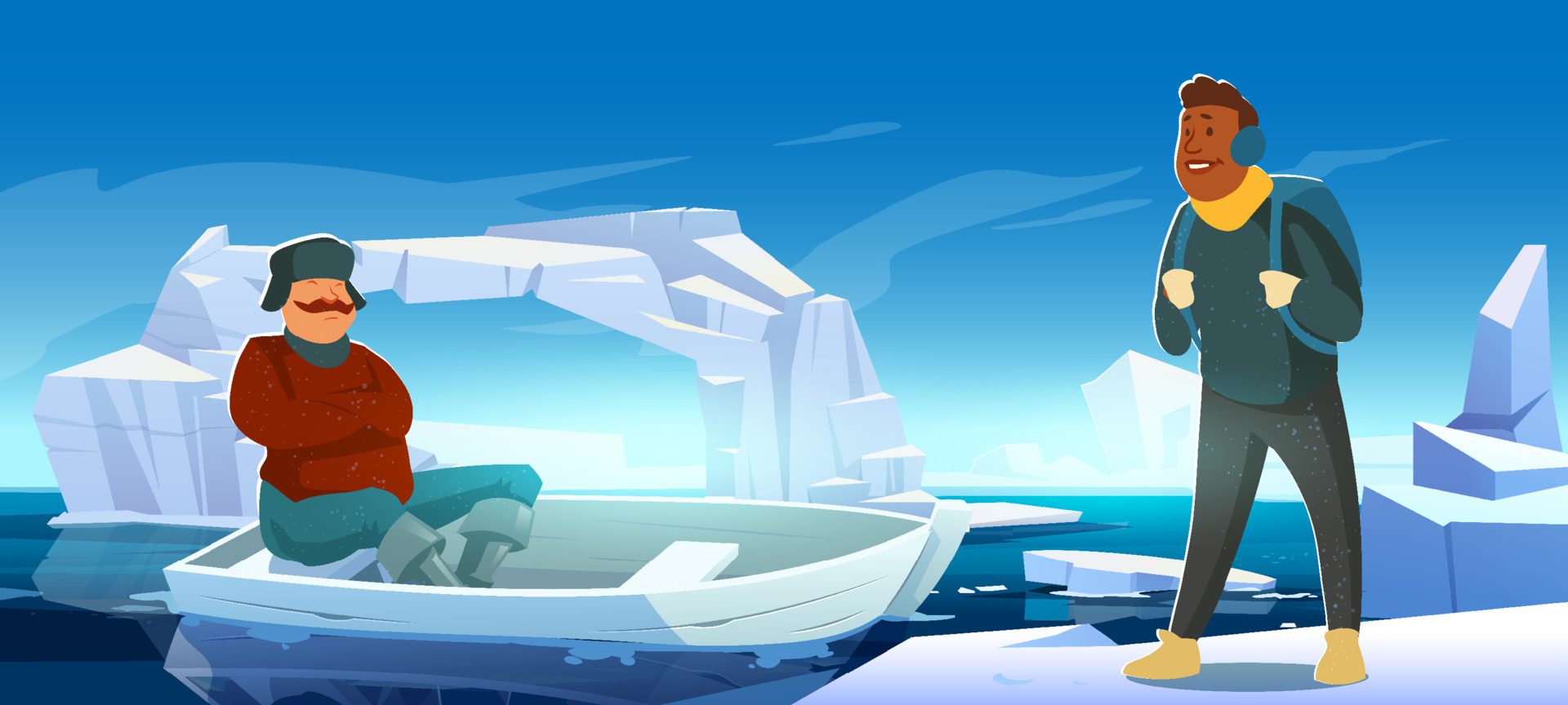 Arctic landscape with iceberg, boat and people Free Vector