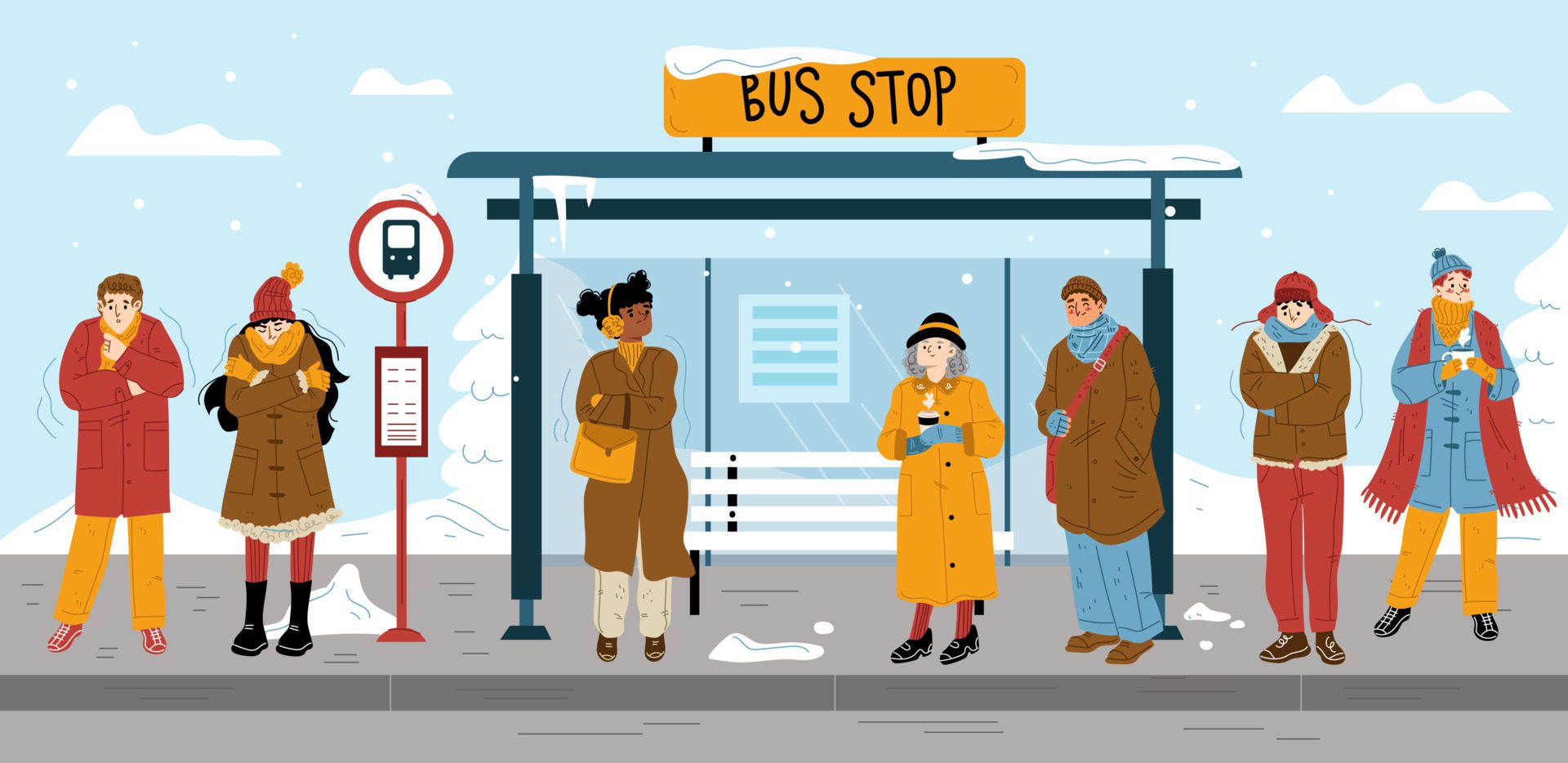 People in warm clothes on bus stop in winter Free Vector