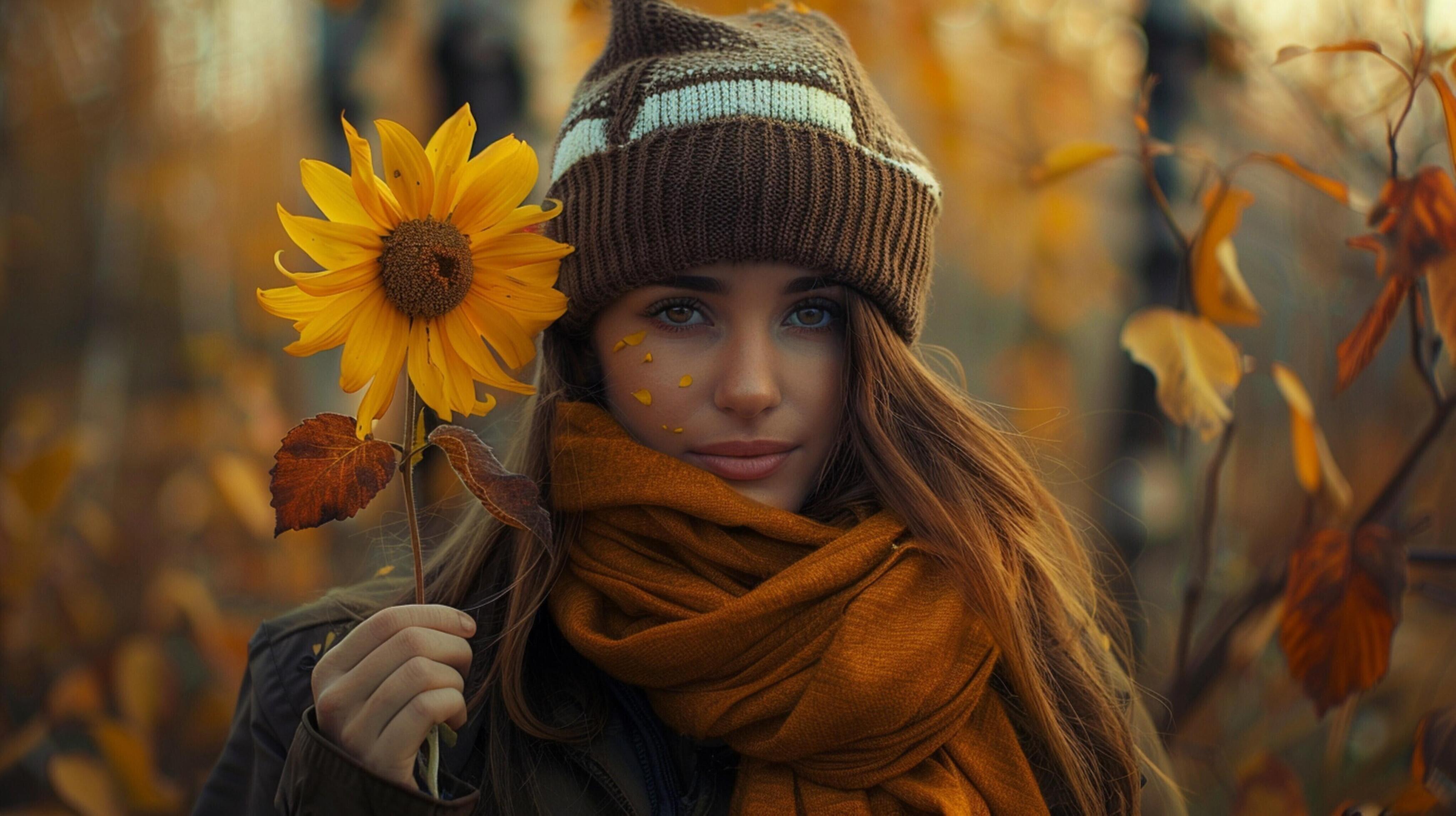 young woman in autumn forest holding yellow flow Stock Free