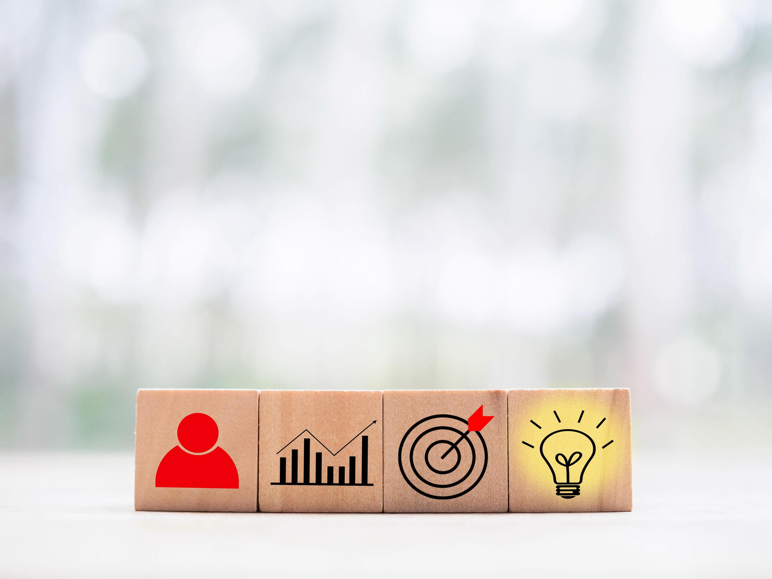 Wooden block with business strategy icons, Action plan and business process management concept. Stock Free