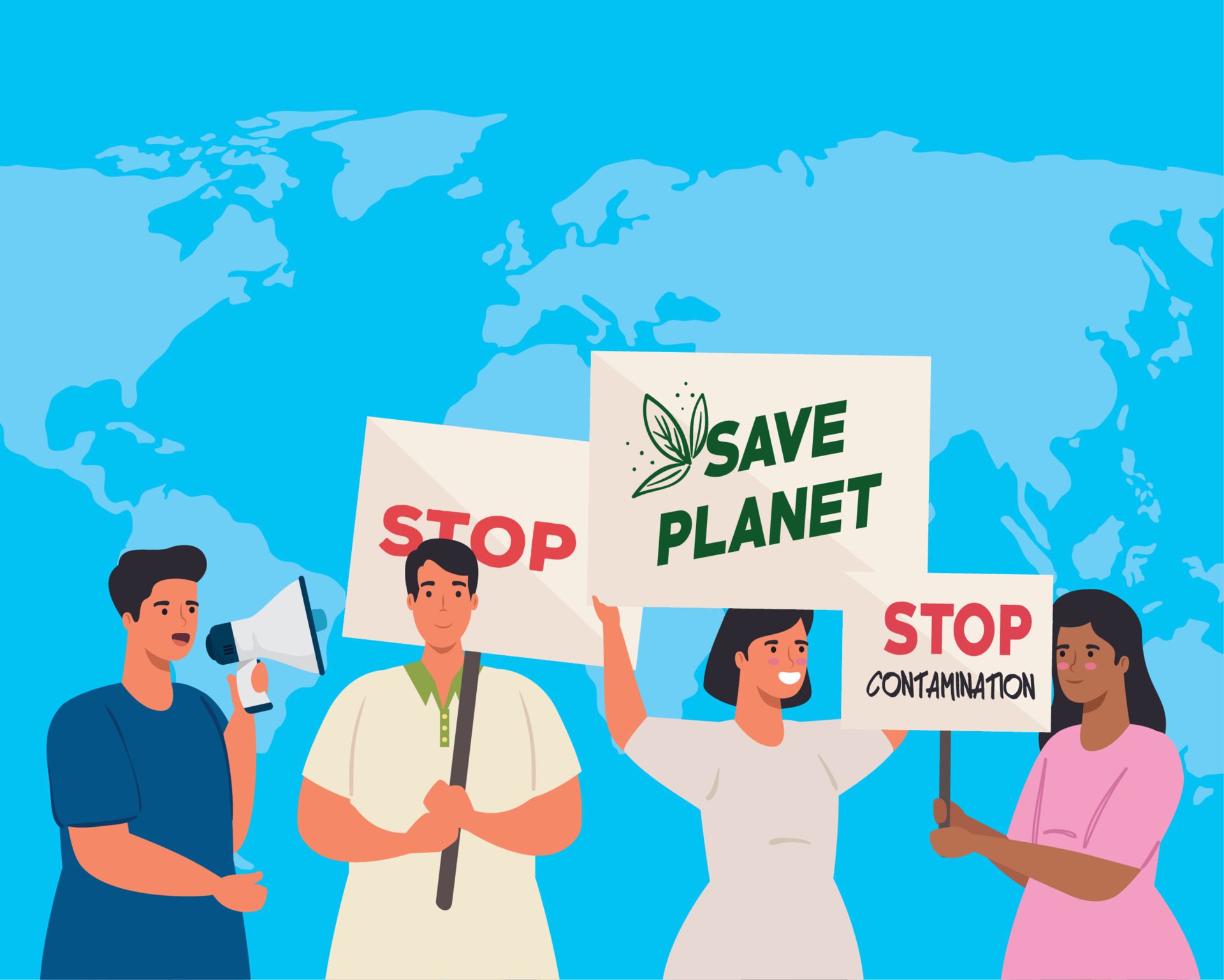 group people with protests placards, and world planet on background, human right concept Free Vector