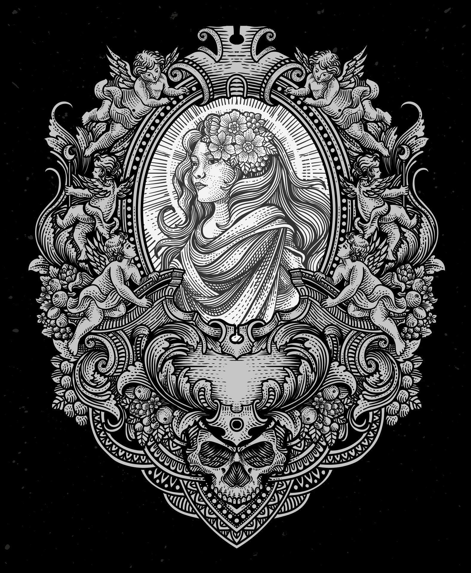 Illustration beautiful lady with antique engraving ornament frame – Eps 10 Stock Free