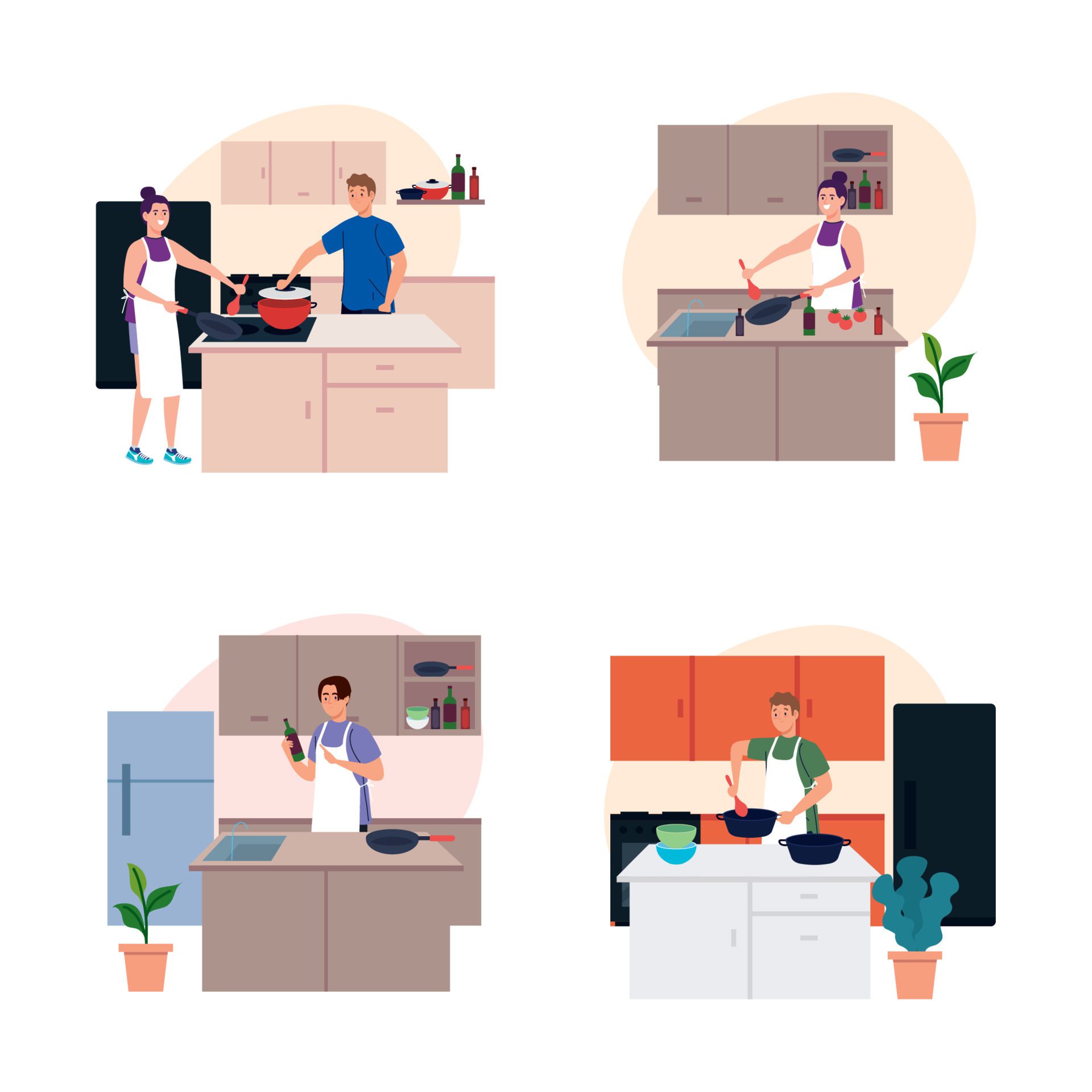 set scenes people cooking in the kitchen Free Vector