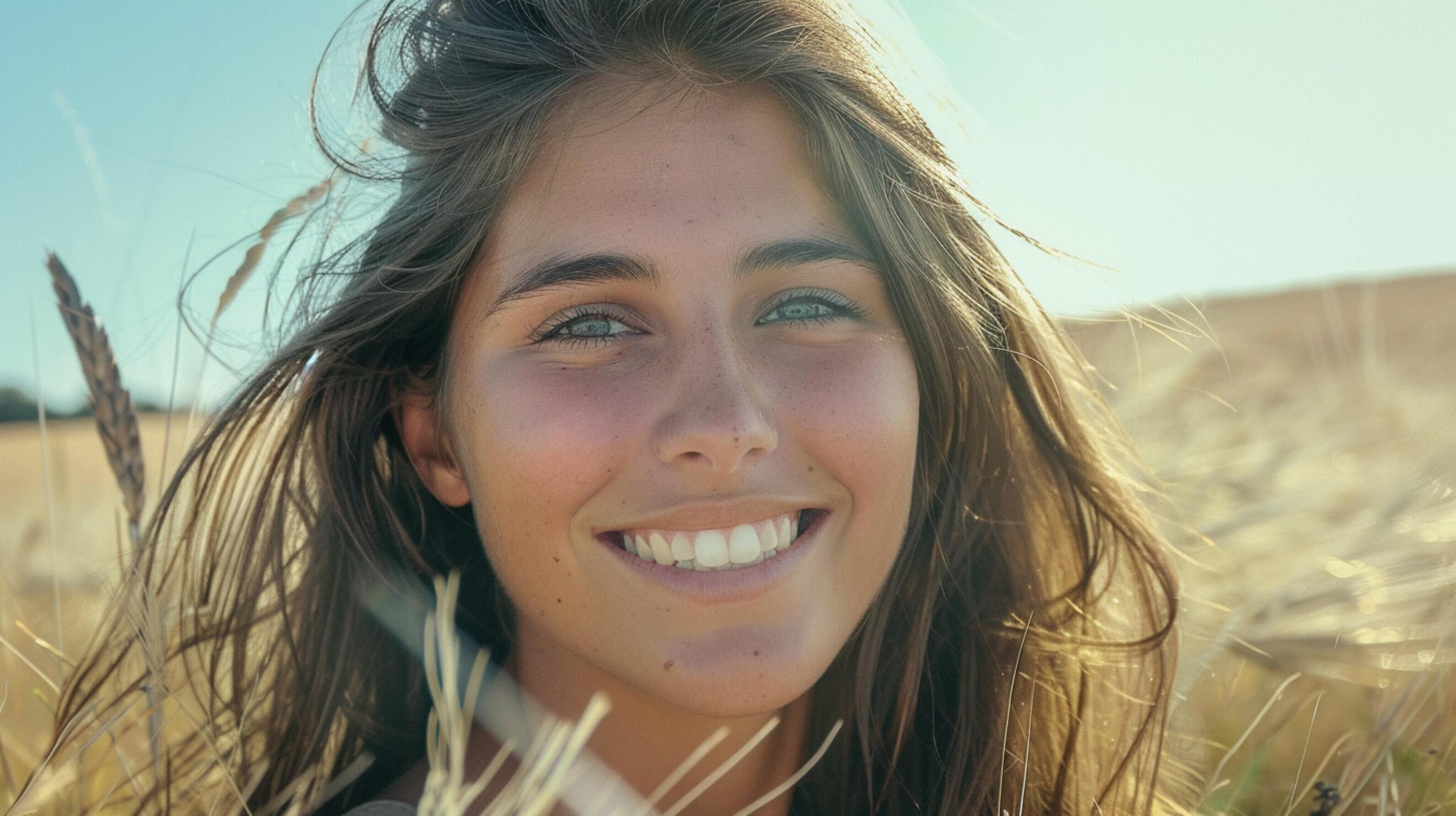 young woman with long brown hair smiling Stock Free