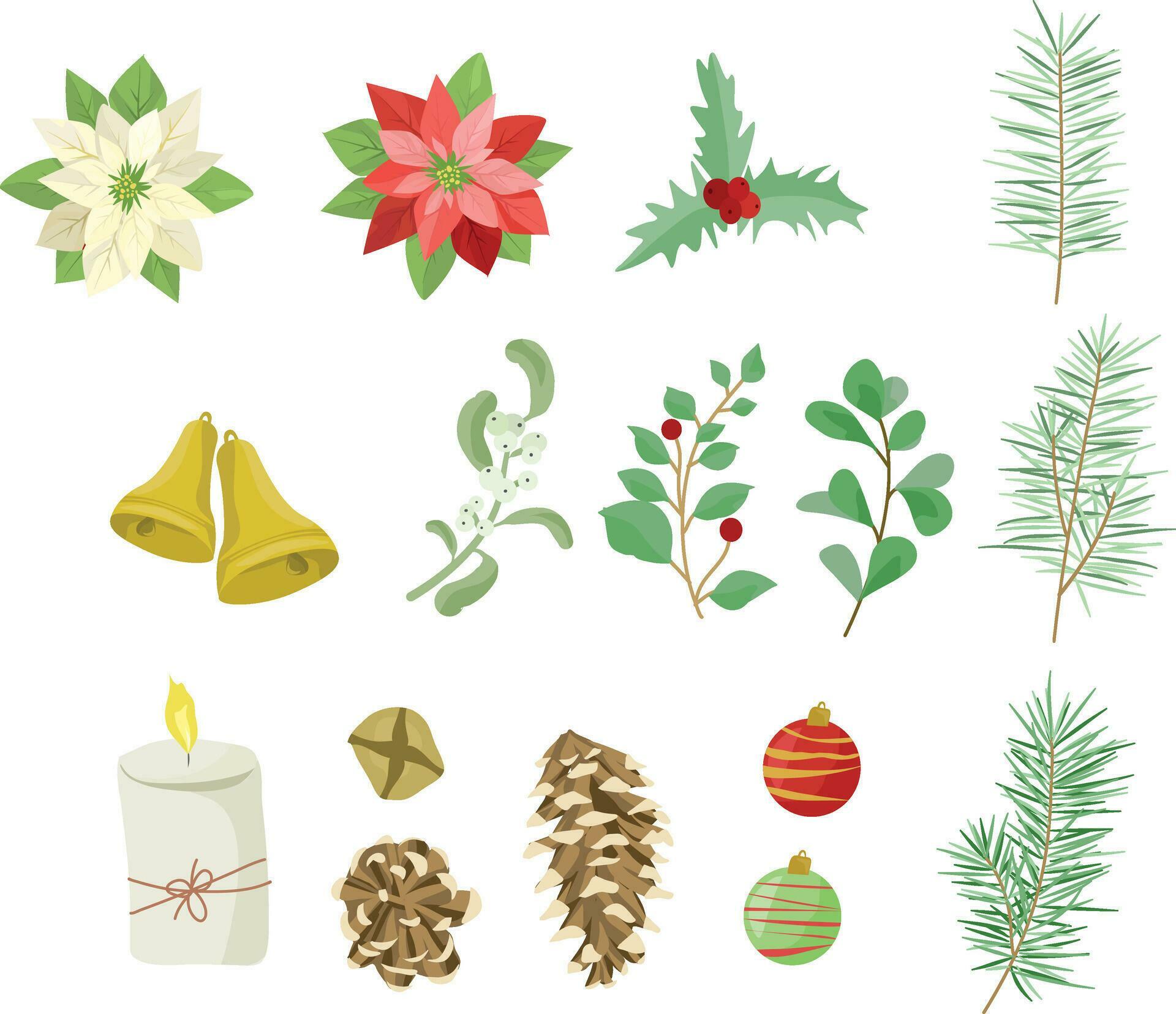 Poinsettia flowers, pine leaves, pinecones, bells and candles, set of Christmas elements Stock Free