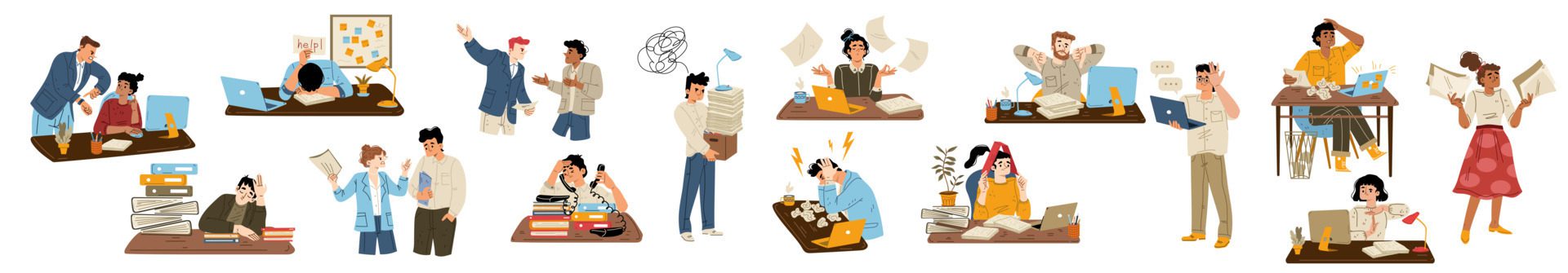 Set of annoyed people at work flat vector Free Vector