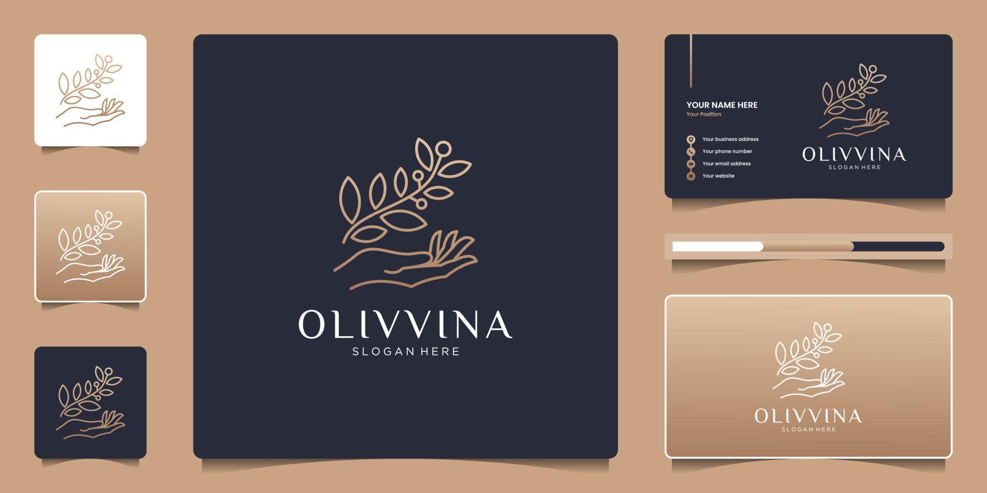 Luxury line combine hand and flower branch with business card for beauty, natural and organic products, cosmetics, spa and wellness, fashion. Stock Free and Free SVG