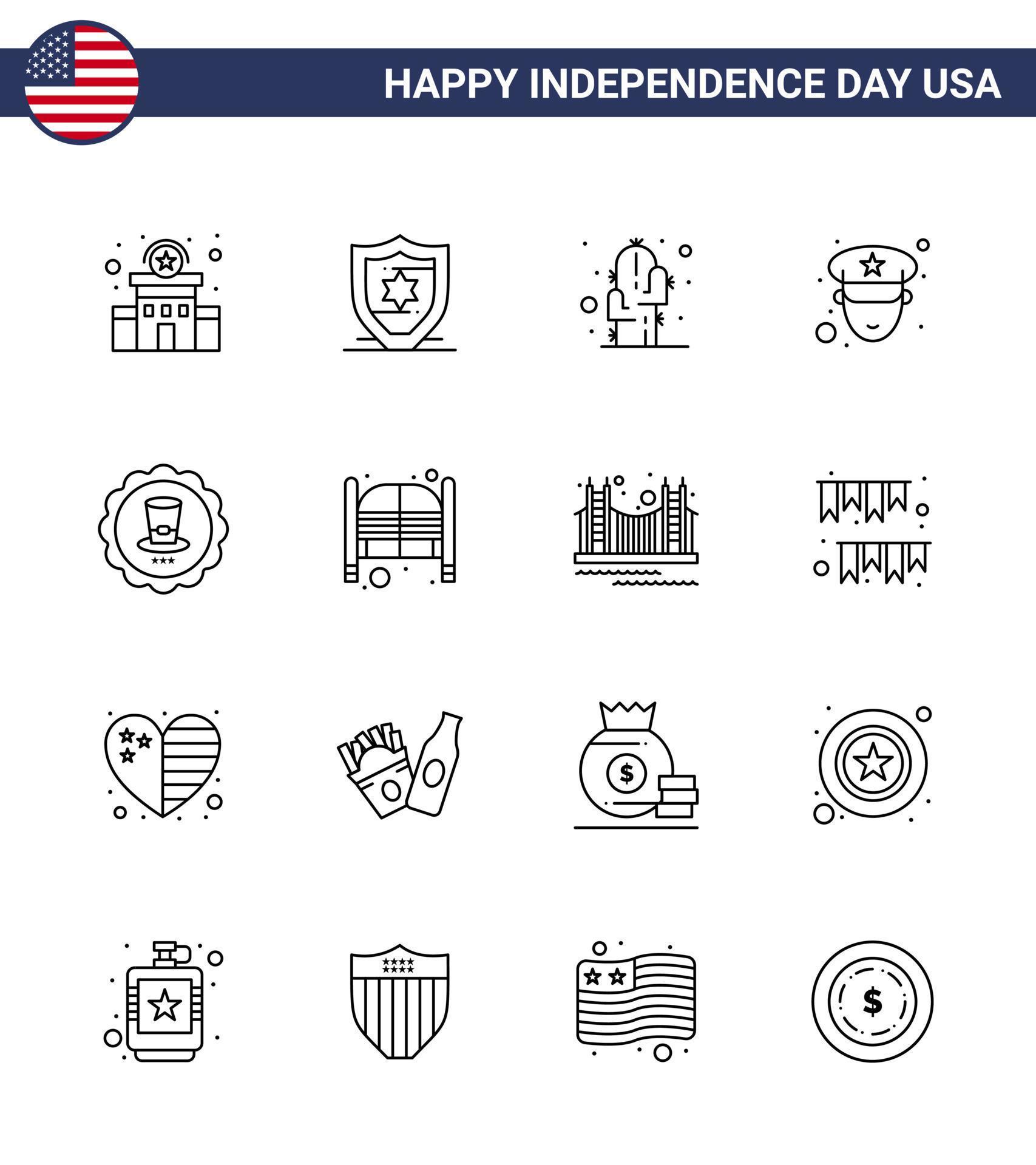 Set of 16 Vector Lines on 4th July USA Independence Day such as usa drink flower glass officer Editable USA Day Vector Design Elements Stock Free