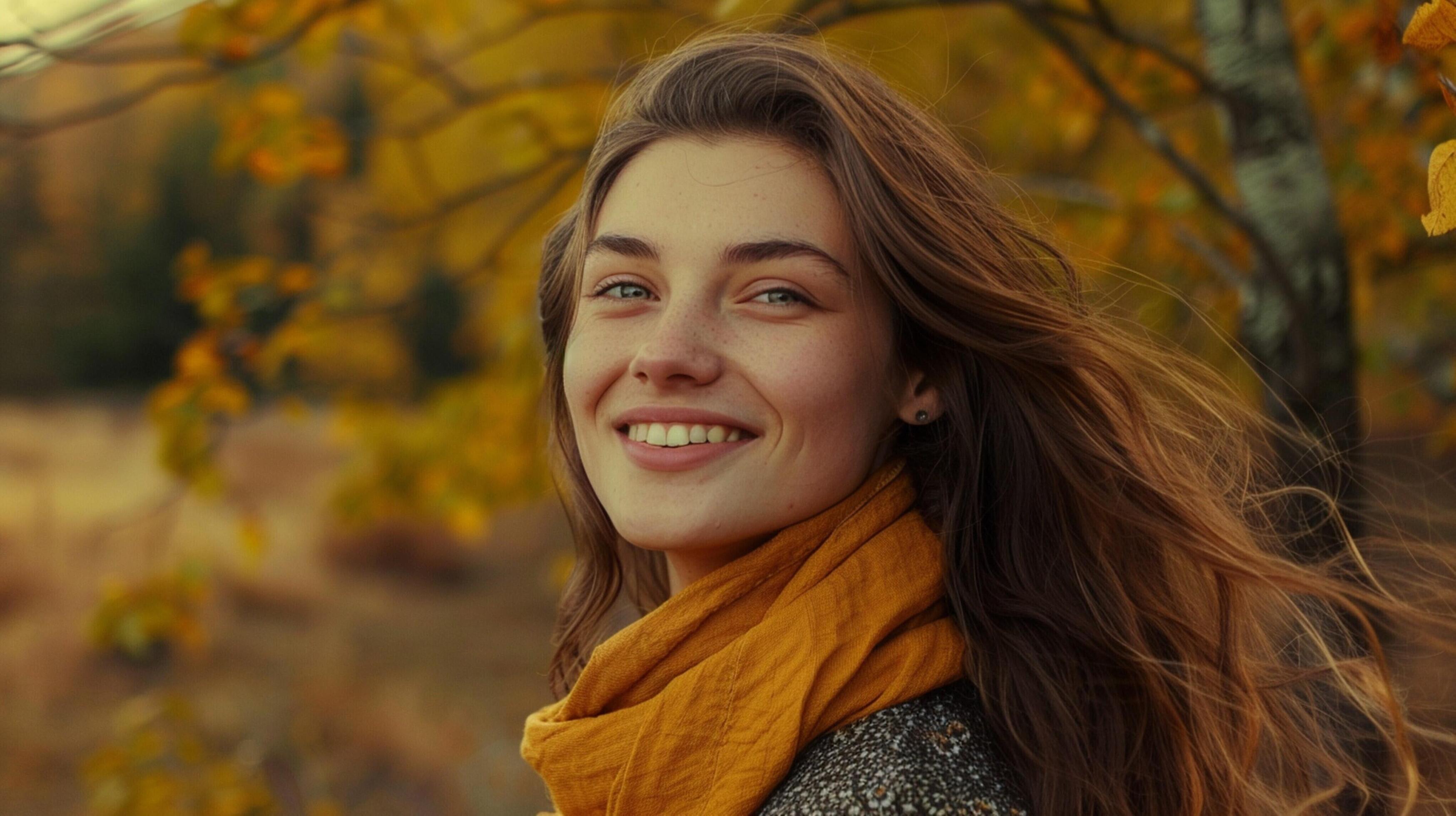 young woman with long brown hair smiling in autumn Stock Free