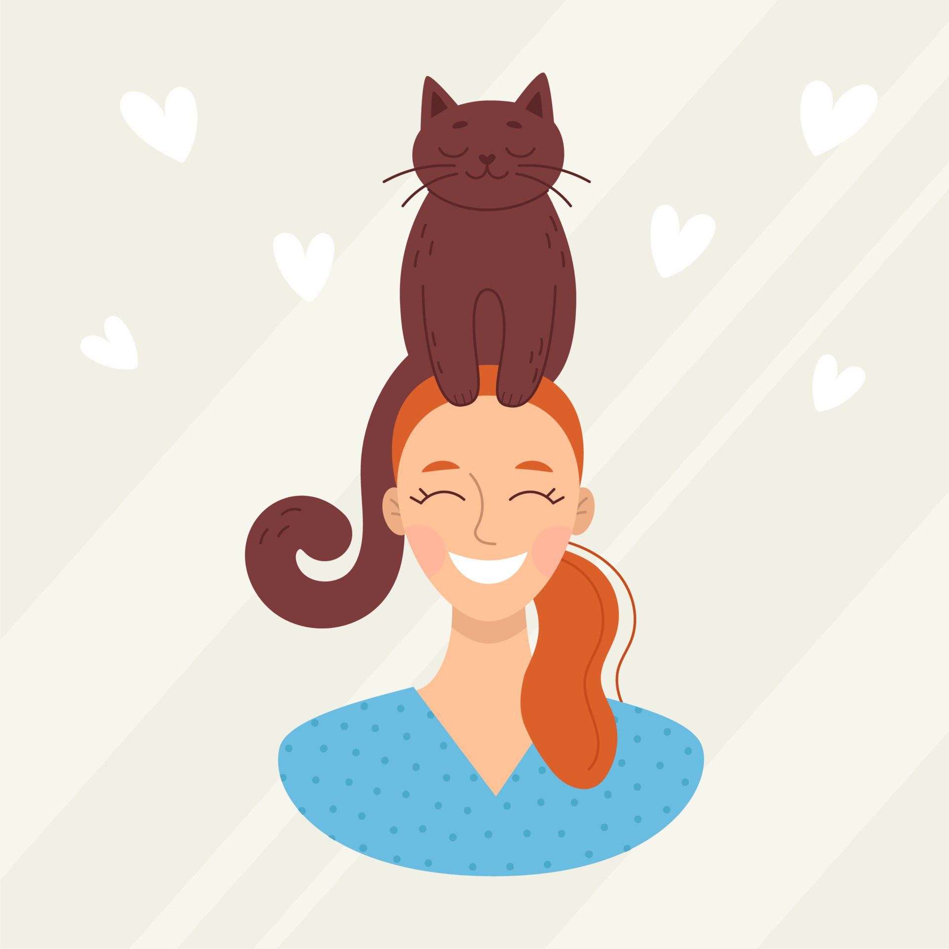 Smiling young woman with a cat on her head, pet. Love and friendship with animals. Vet clinic. Vector illustration in cartoon style Free Vector