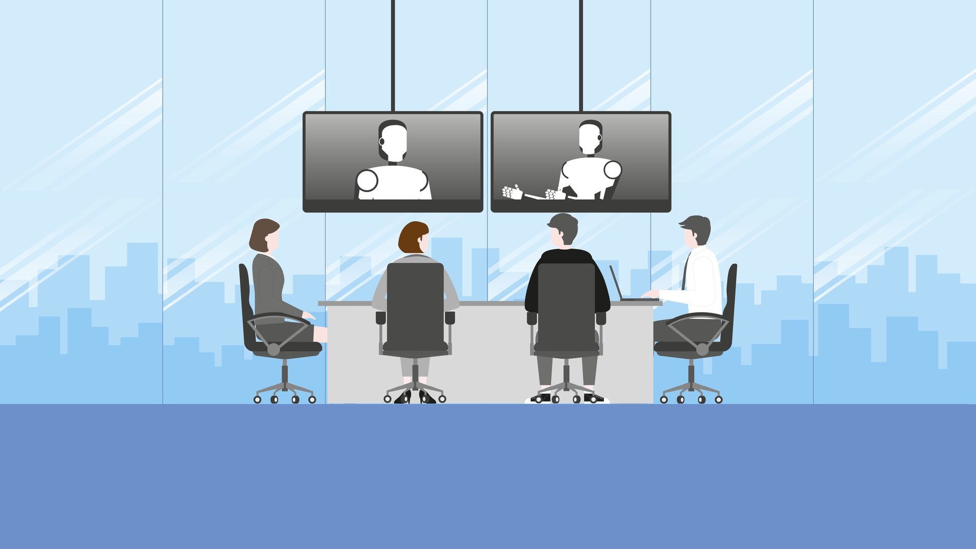 People sit and listen to the robot talking by internet from video conference in office room. Free Vector