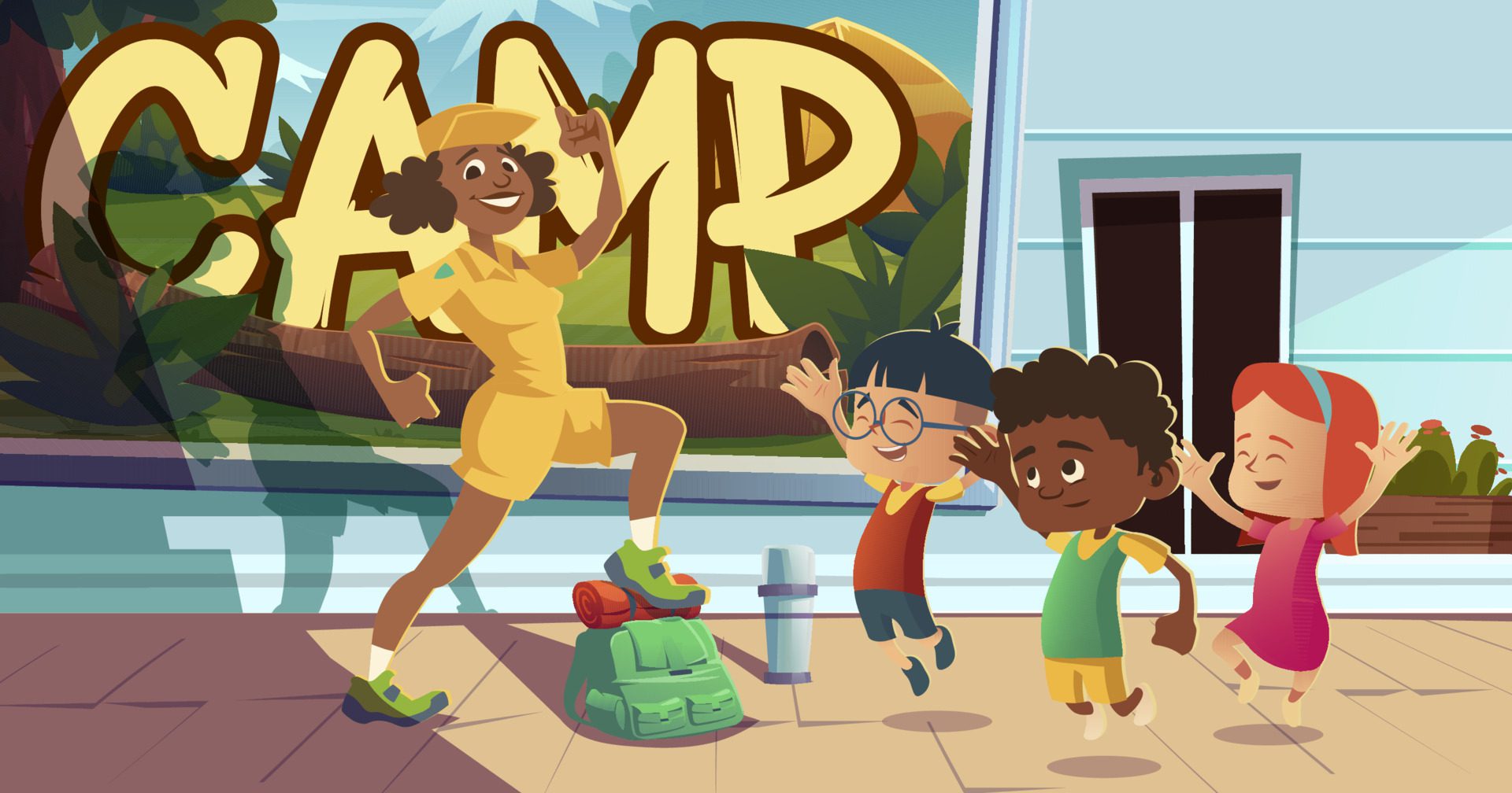 Summer camp poster with people going to hike Free Vector