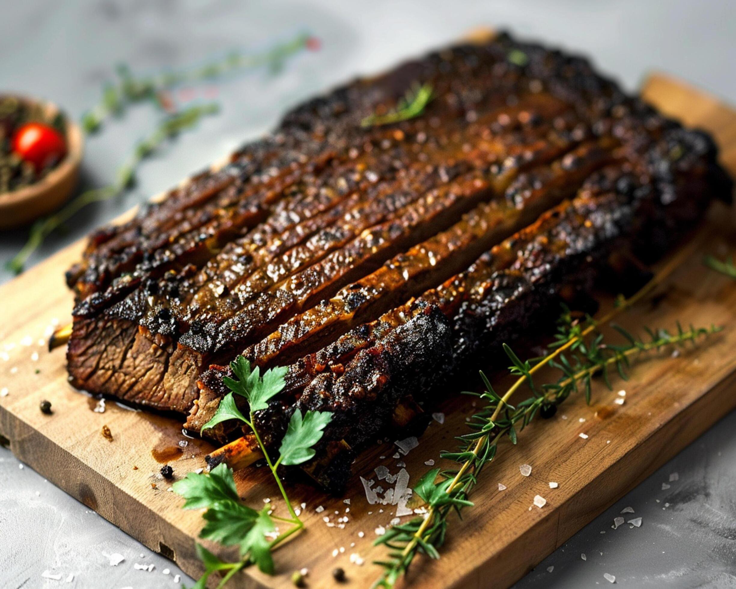 a piece of meat on a cutting board with herbs Stock Free