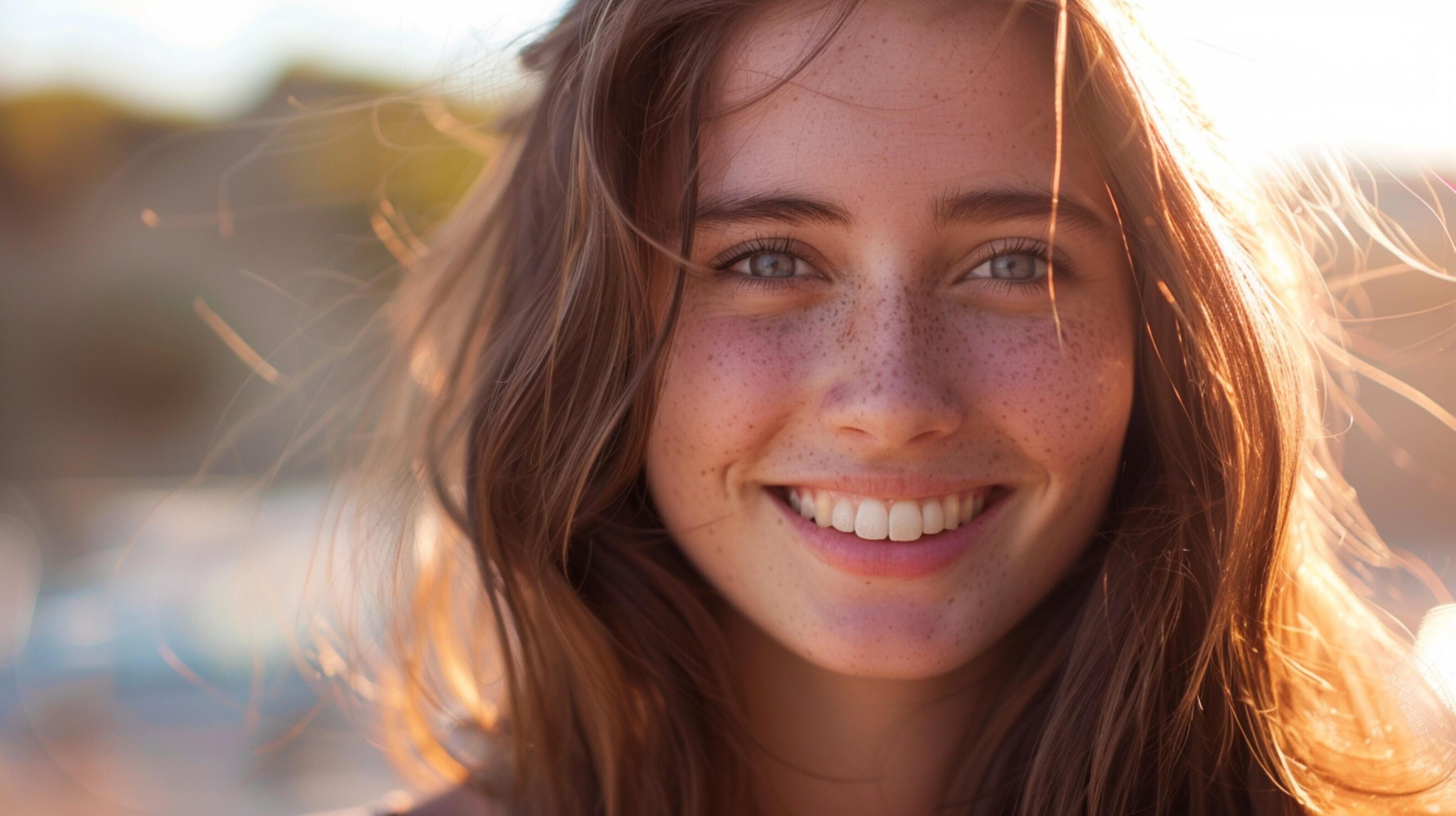 young woman with long brown hair smiling Stock Free