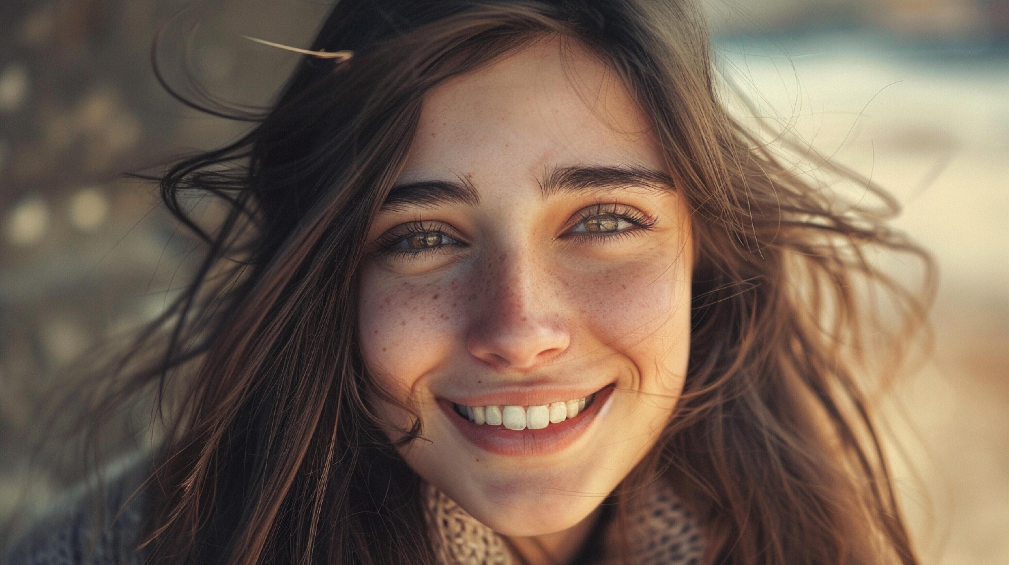 young woman with long brown hair smiling Stock Free