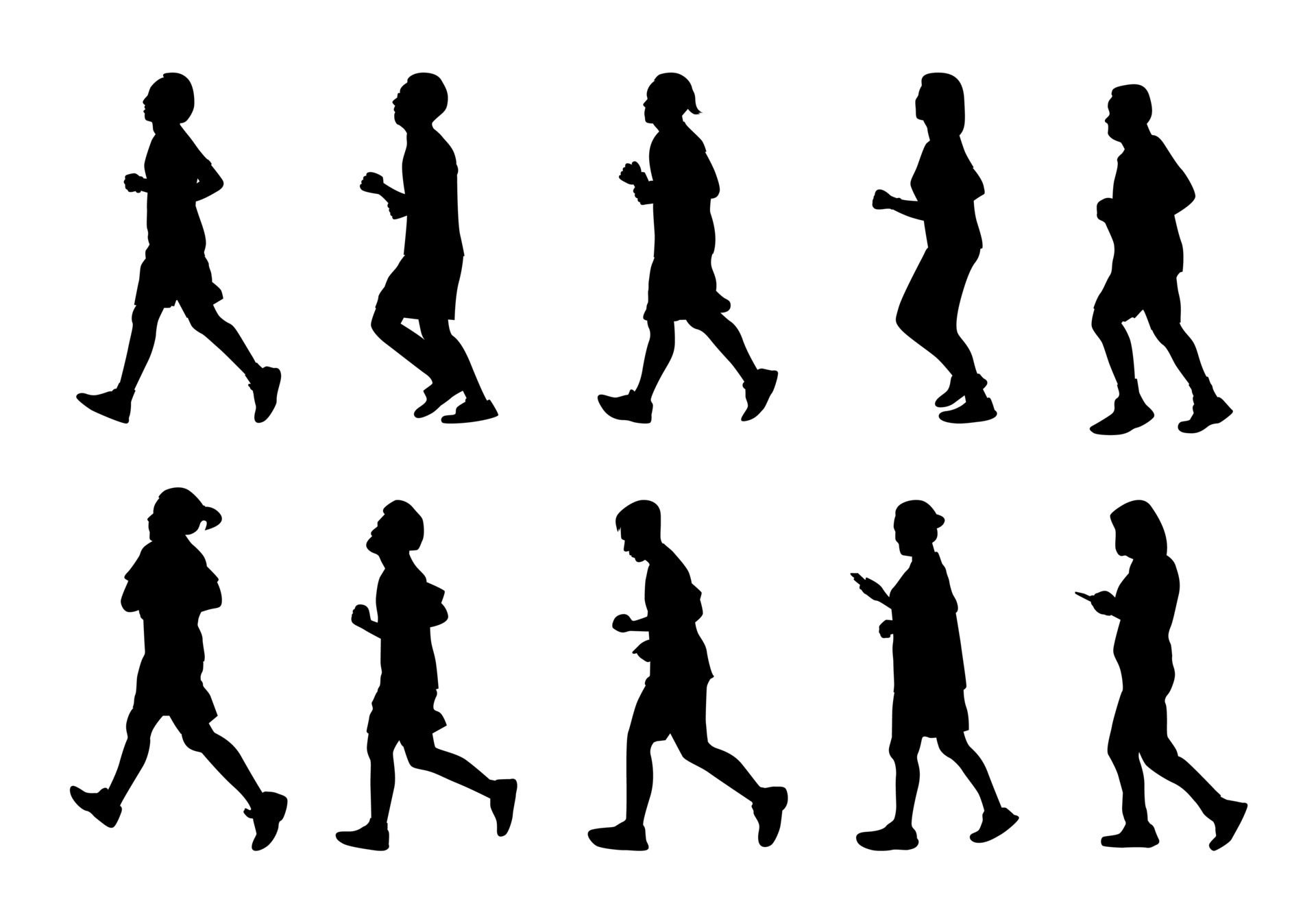 Silhouette man and women running, Black people run on white background, Isolate marathon vector Free Vector