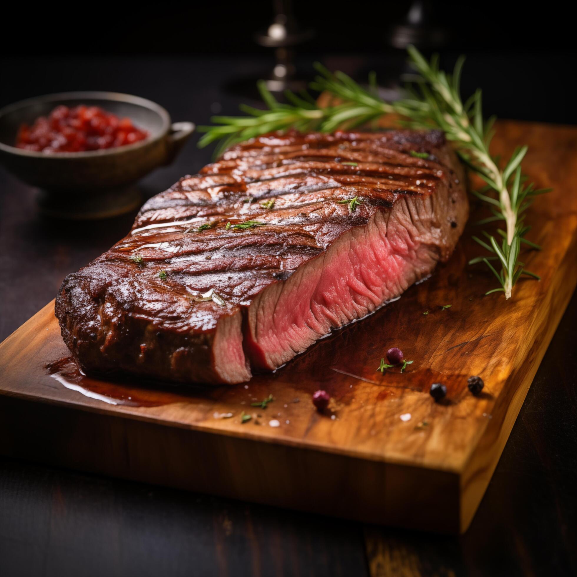 Piece of rump steak on cutting board dark background. Cured spiced and smoked Pastrami. Photo for restaurant menu, advertising, delivery, banner Stock Free