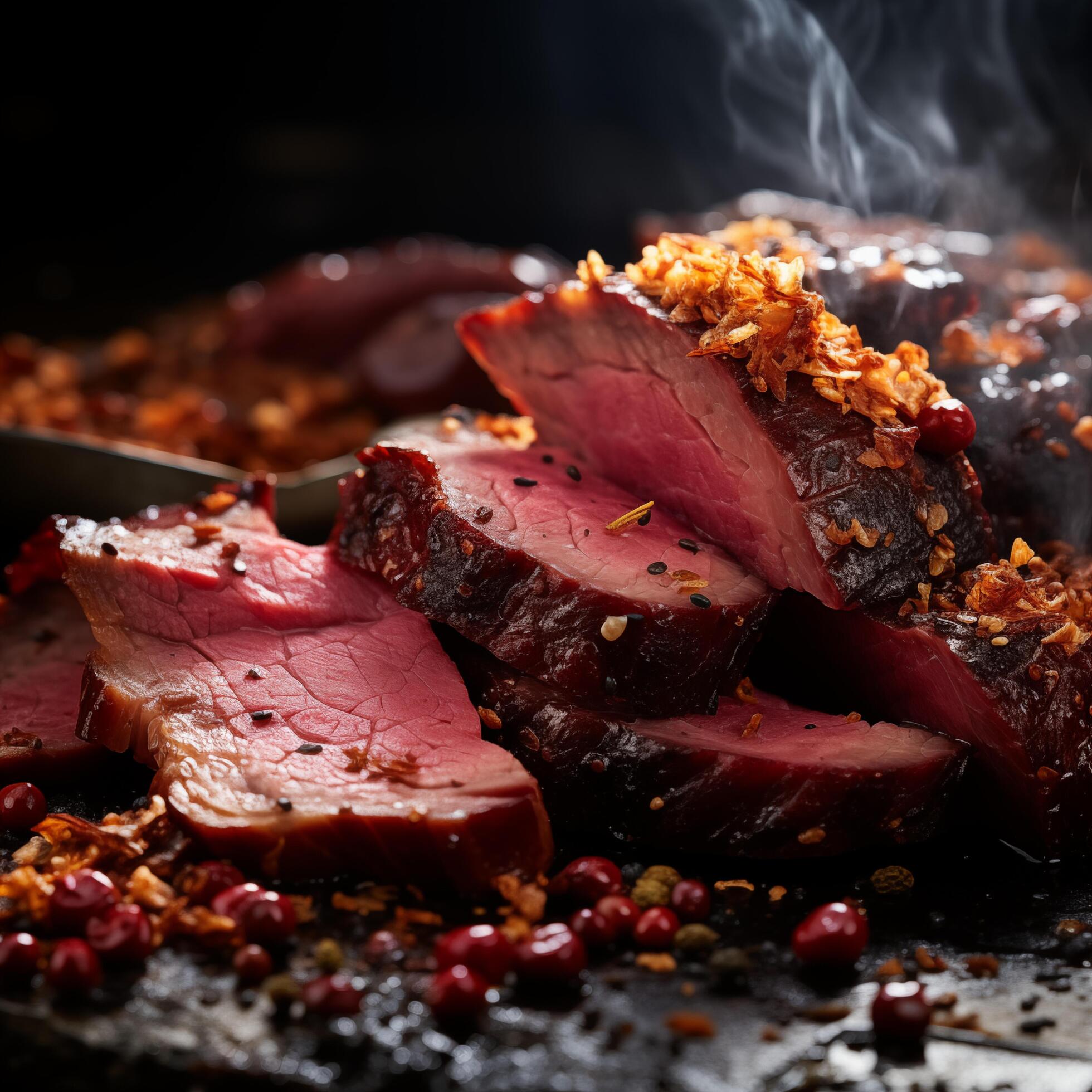 Piece of rump steak on cutting board dark background. Cured spiced and smoked Pastrami. Photo for restaurant menu, advertising, delivery, banner Stock Free