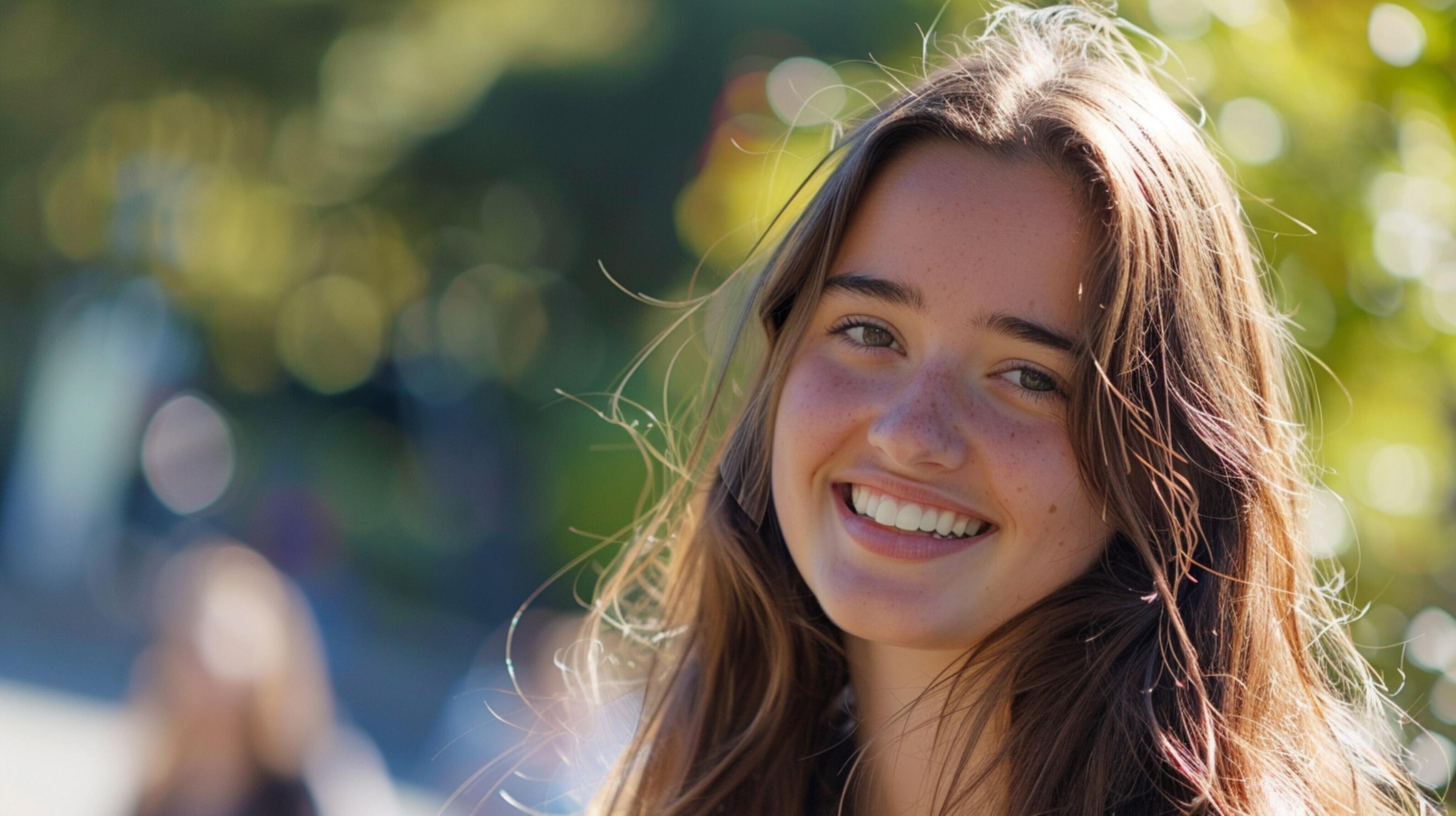 young woman with long brown hair smiling Stock Free