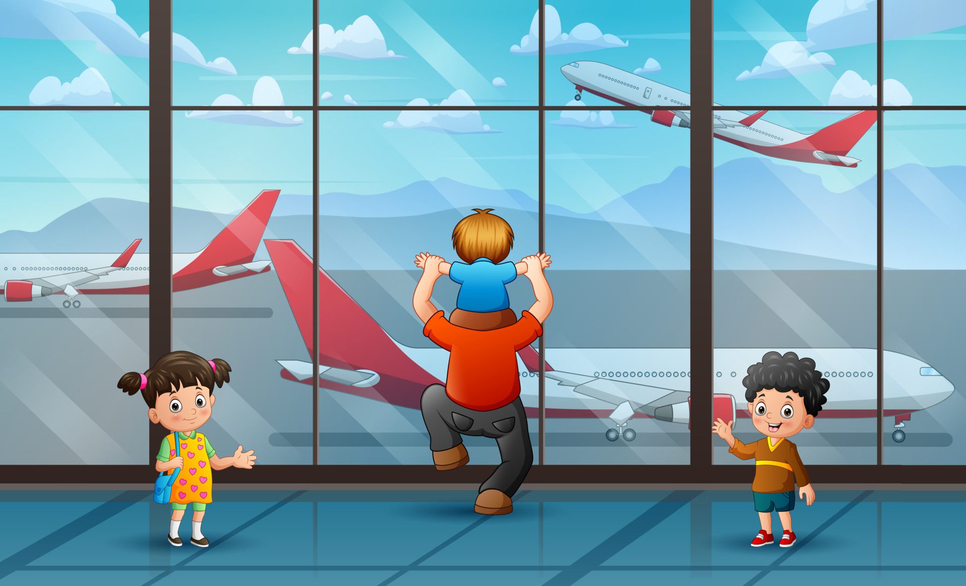 Cartoon people in airport room illustration with airplane view from glass window Free Vector