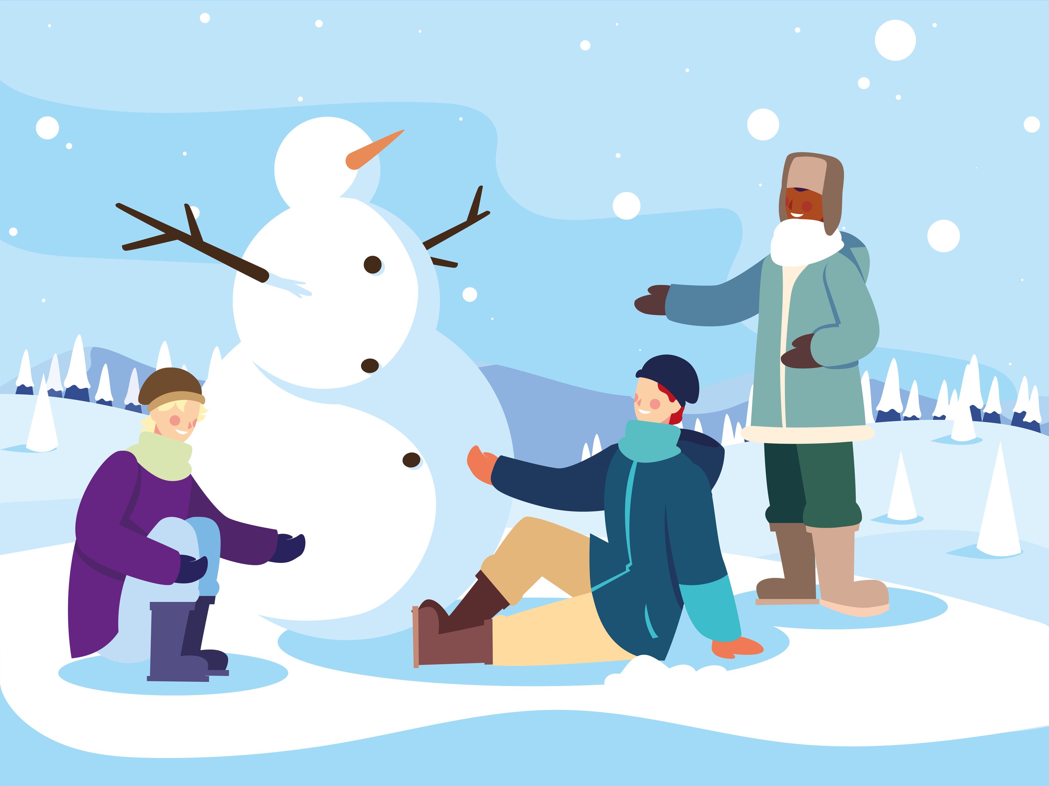 group of people with snowman in winter landscape Free Vector