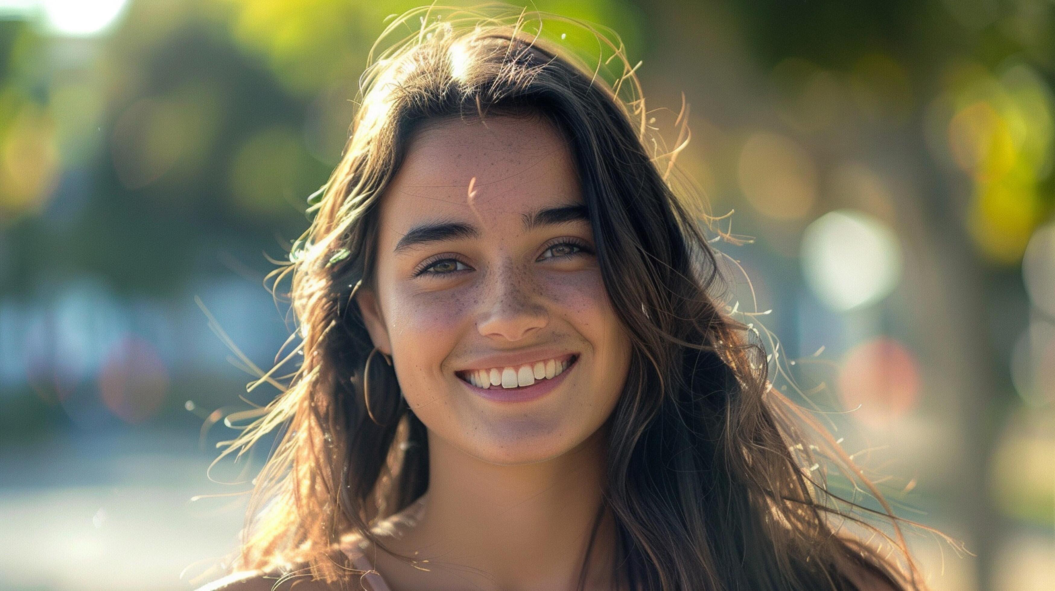 young woman with long brown hair smiling Stock Free