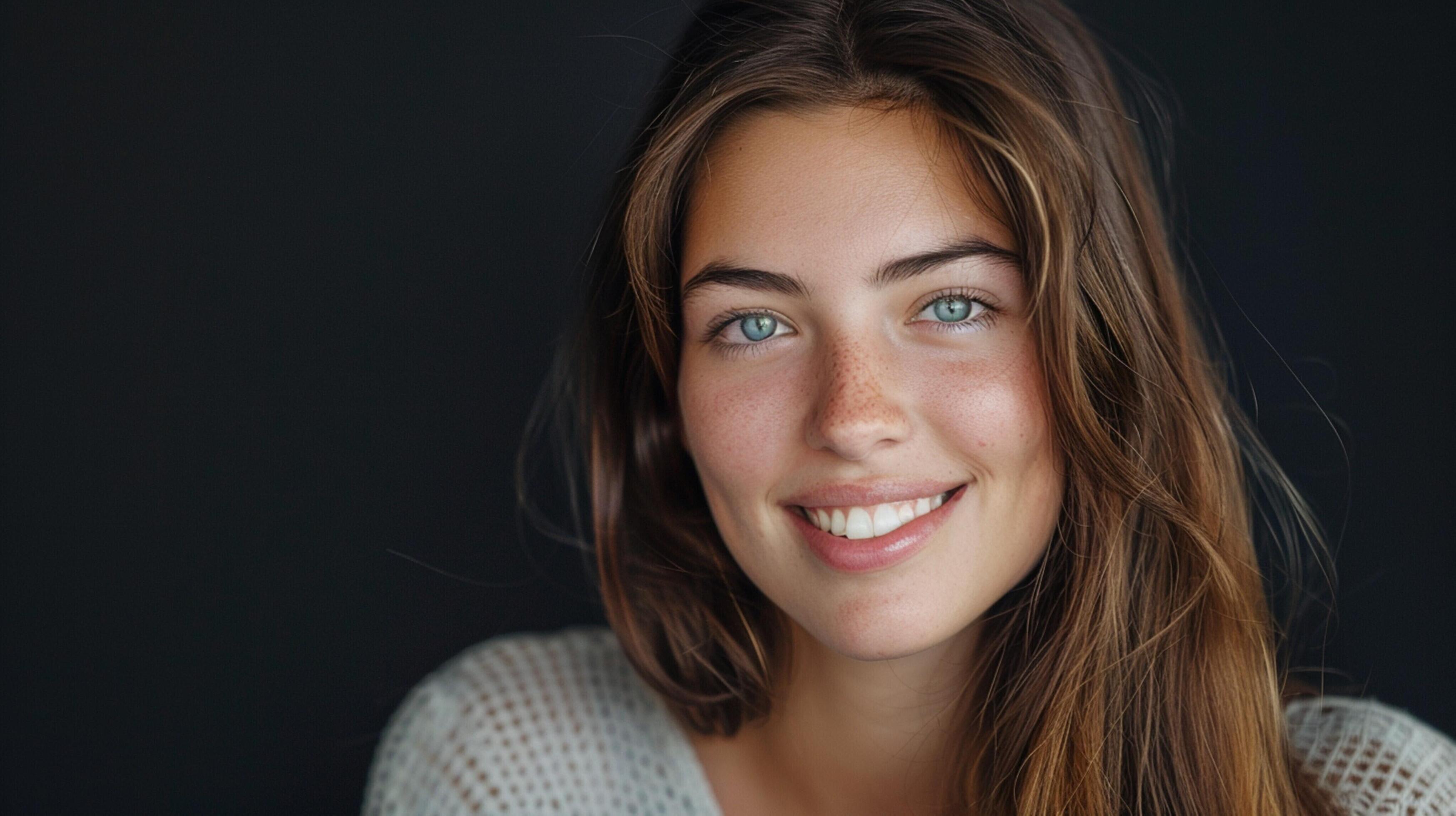 young woman with long brown hair smiling Stock Free