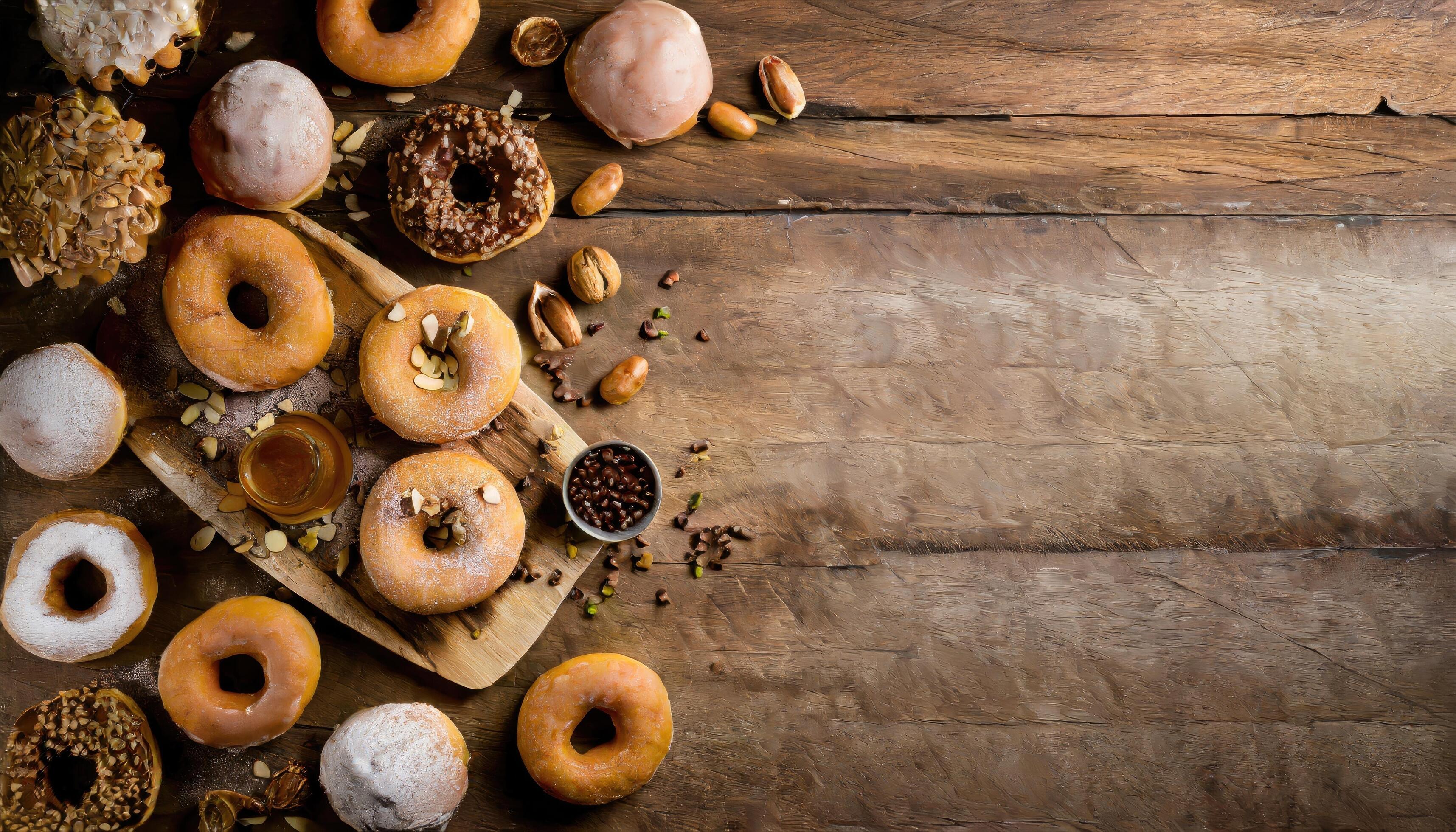 Copy Space image of Variety of donuts over a rustic background shot from overhead Stock Free