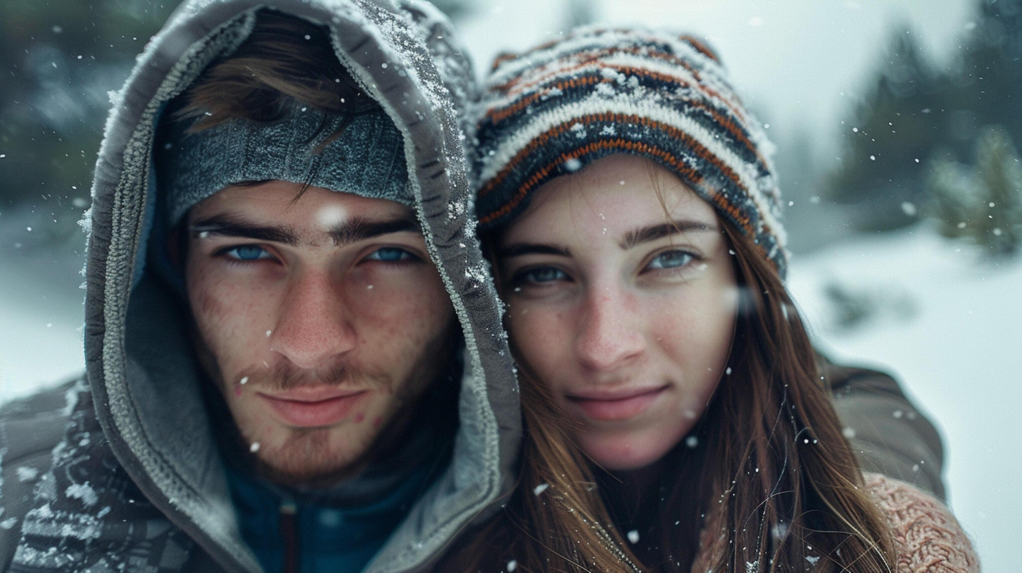 young couple in hooded shirts looking at camera Stock Free