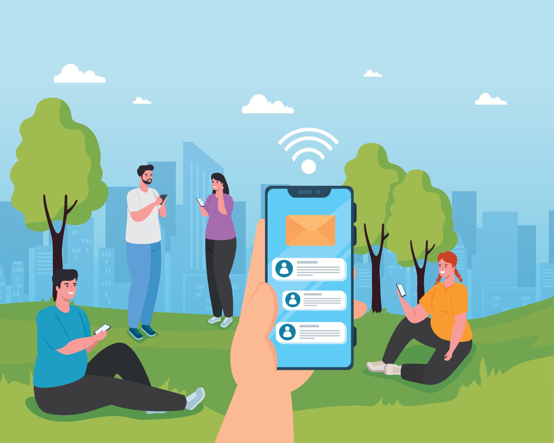 young people using smartphones outdoor, social media and communication technology concept Free Vector and Free SVG