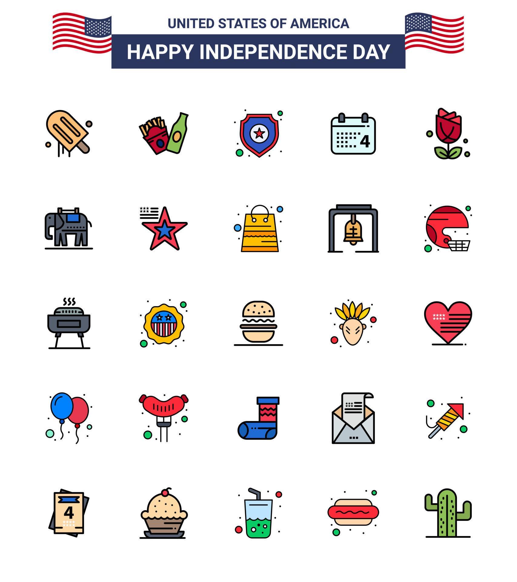 Flat Filled Line Pack of 25 USA Independence Day Symbols of usa flower police american day Editable USA Day Vector Design Elements Stock Free