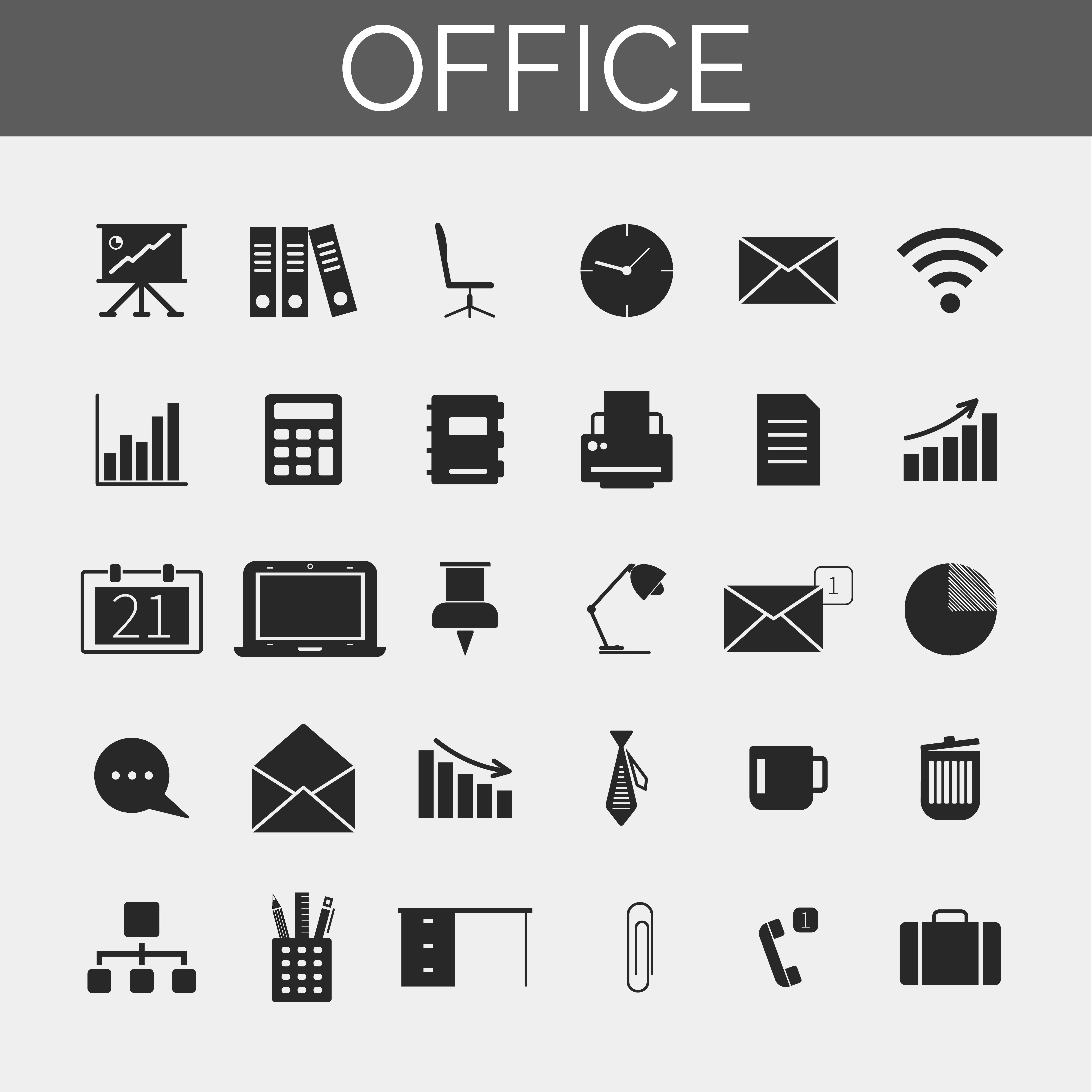 Business and office icons set. Trendy silhouette icons for web and mobile. Free Vector