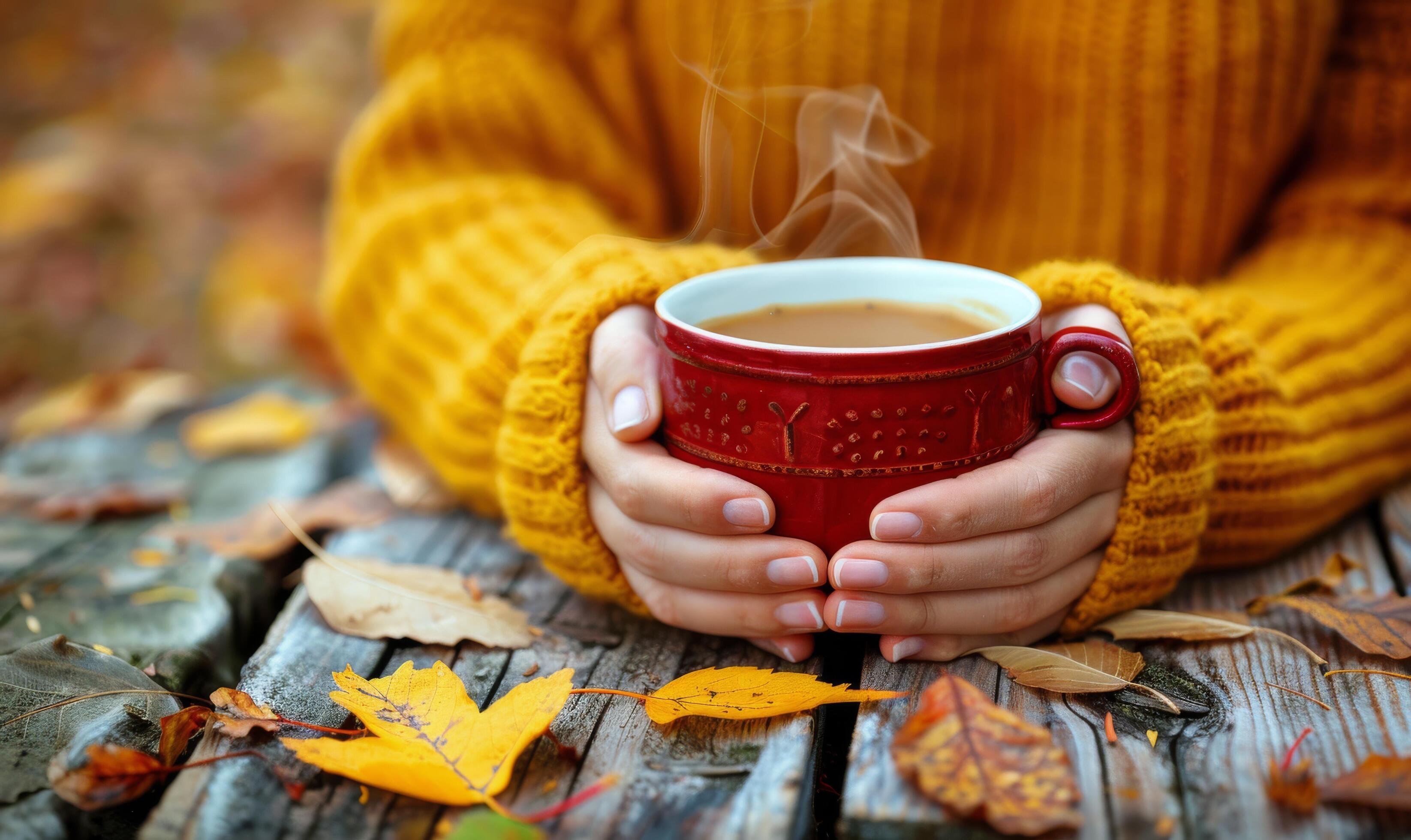 Hands Holding a Red Mug of Steaming Coffee on a Wooden Table With Fall Leaves Stock Free