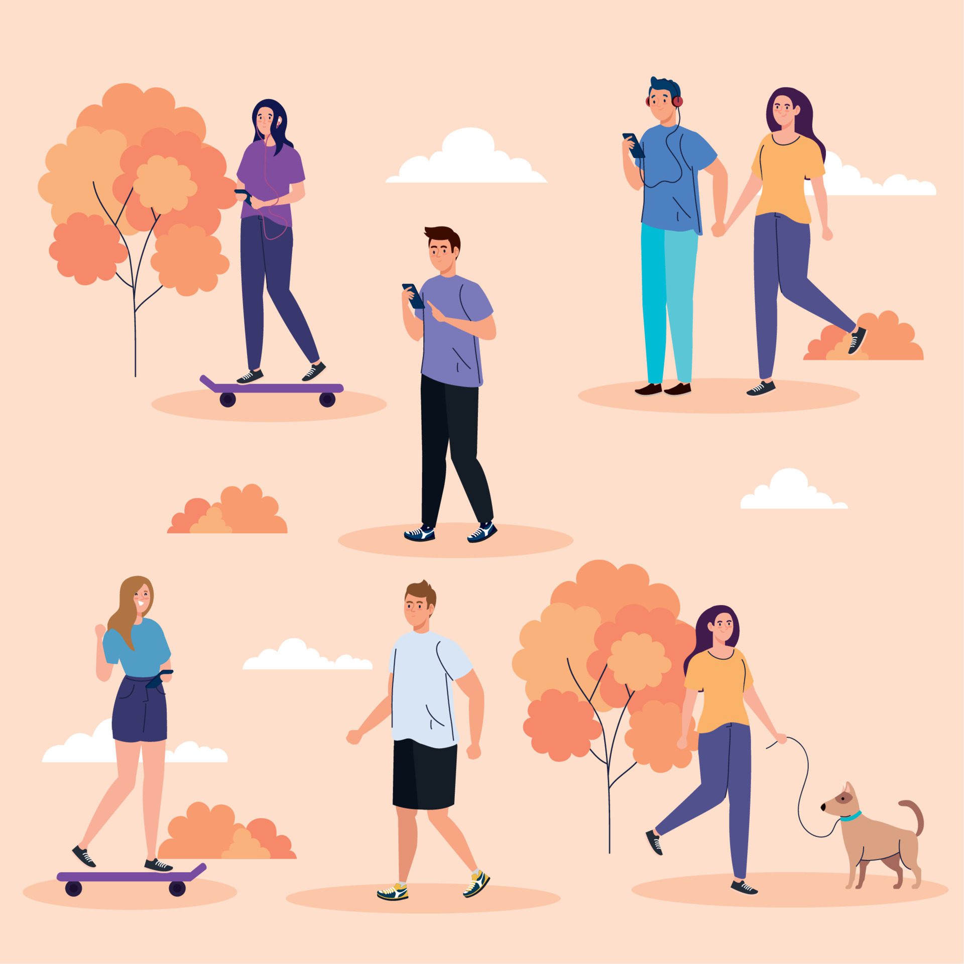 set scenes, young people performing leisure outdoor activities Free Vector