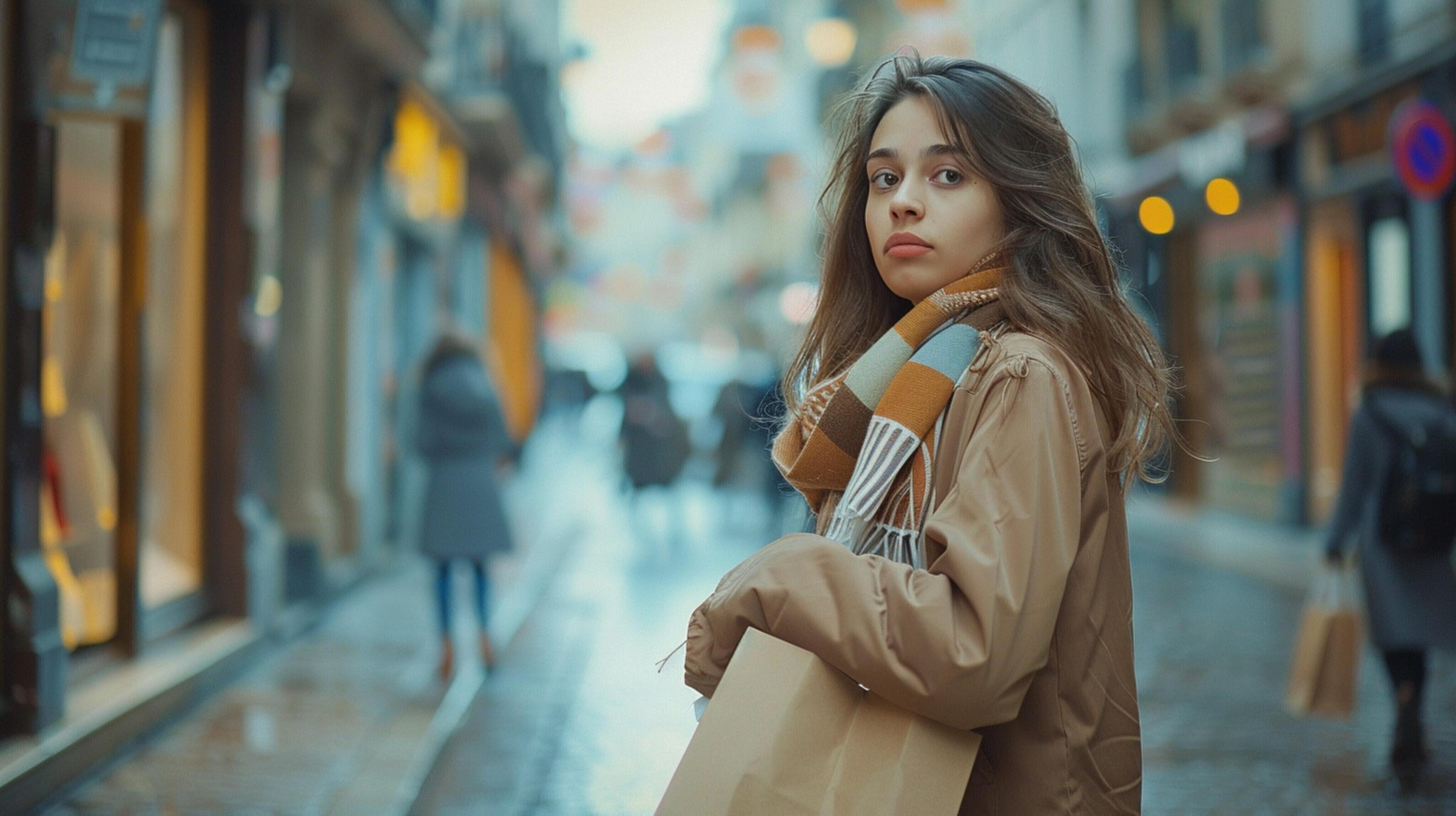 
									young woman holding shopping bag in city boutique Stock Free