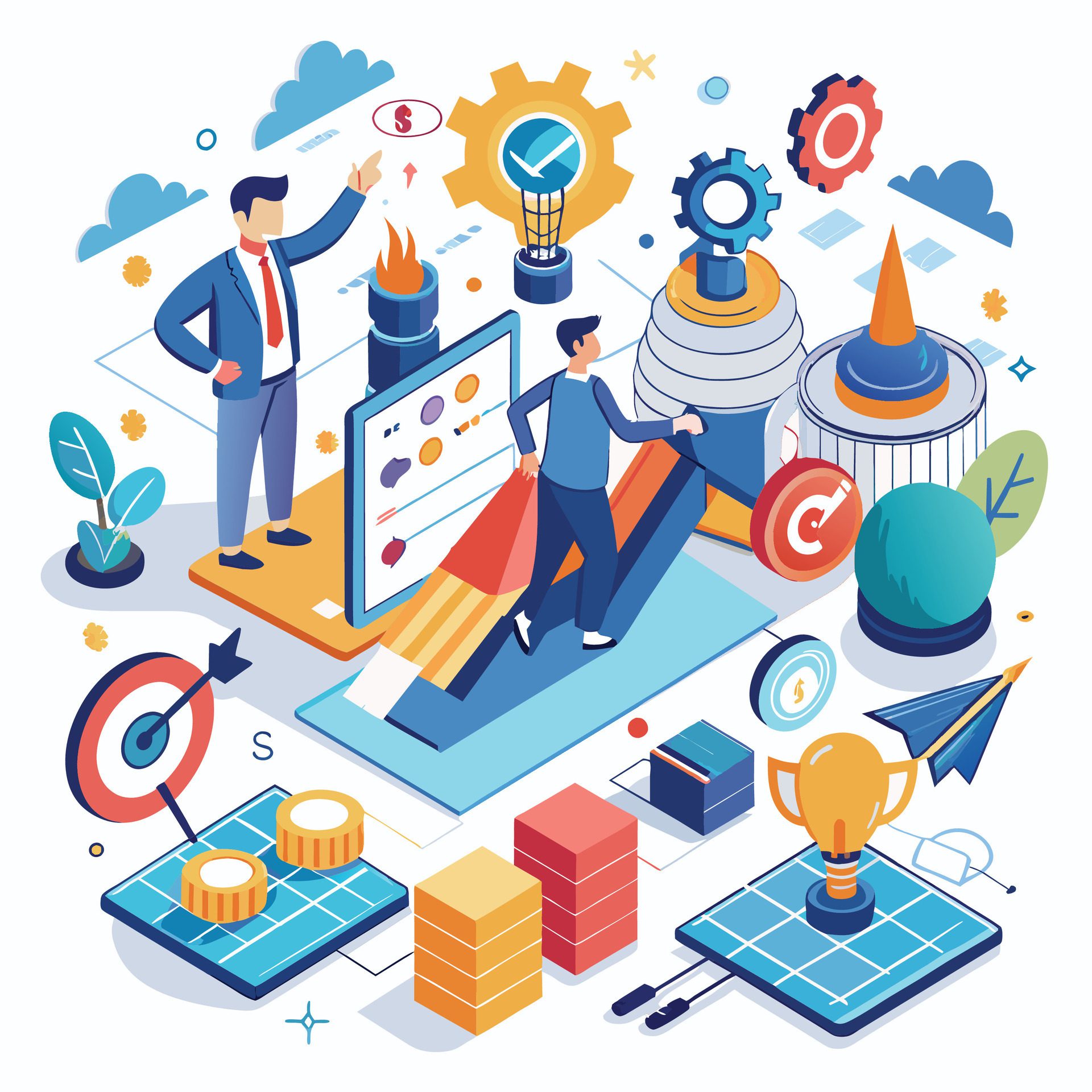 Startup isometric concept with business people characters and icons vector Free Vector