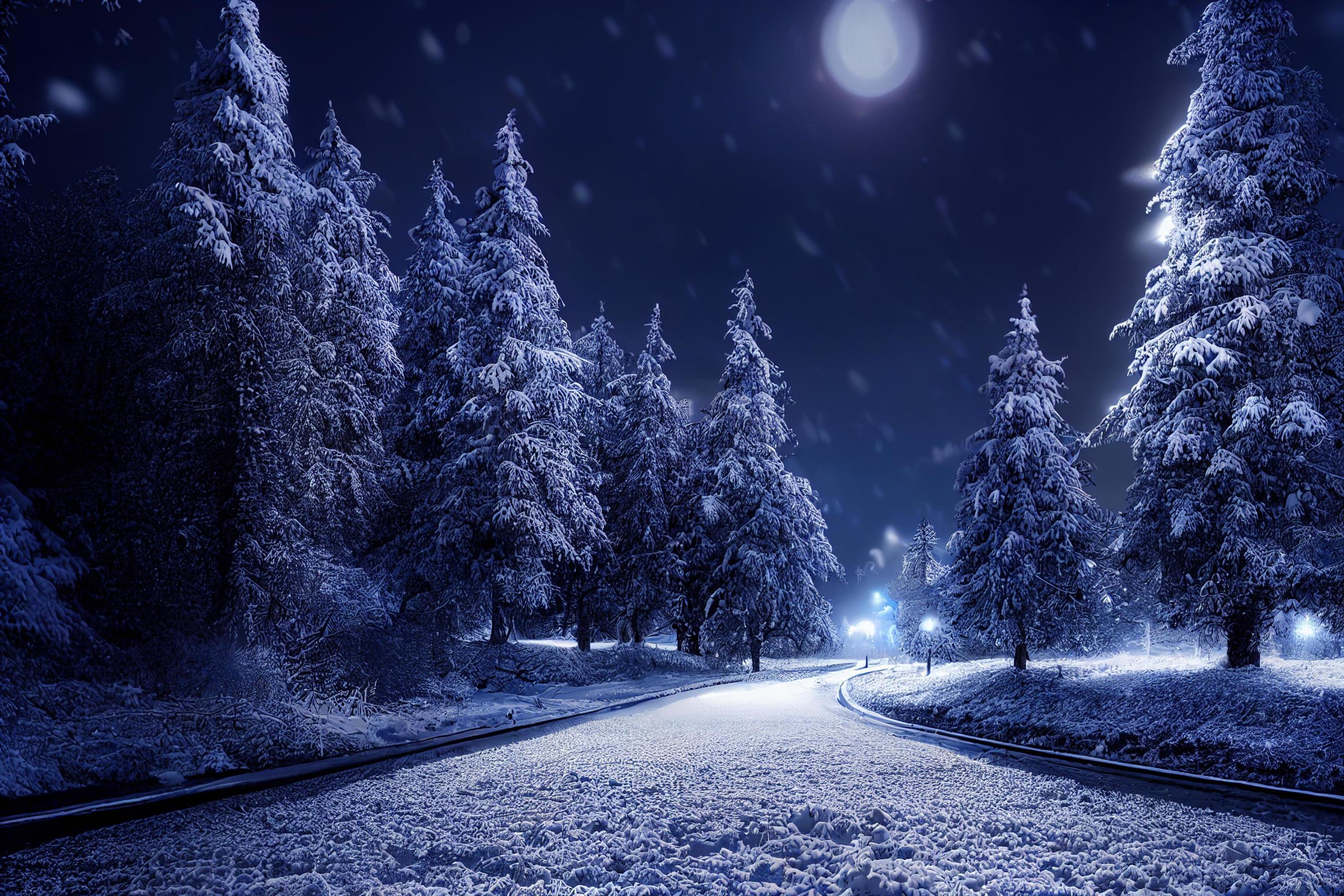 Landscape of snow storm winter background at night, digital art design Stock Free