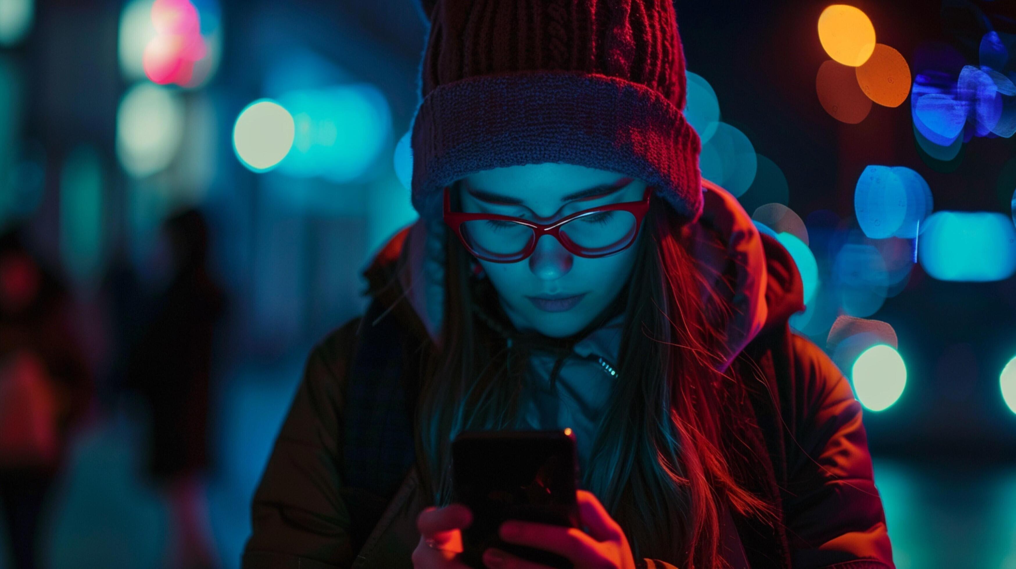 young woman illuminated night texting on phone Stock Free