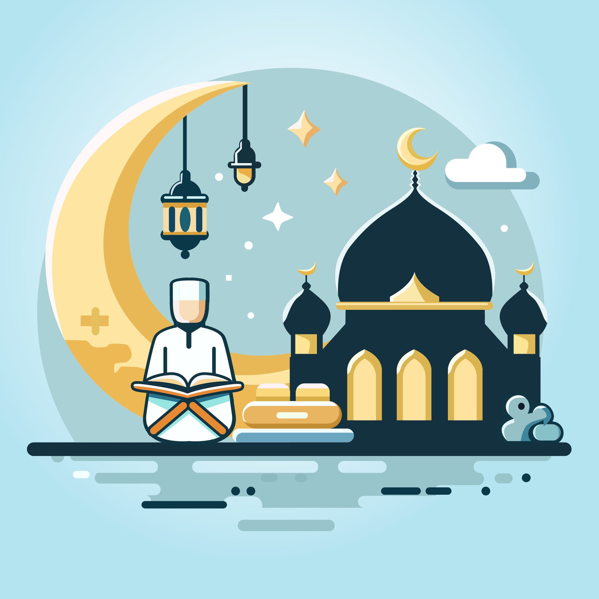 Flat Design Illustration of Islamic People Reading the Al Quran in the Mosque Free Vector