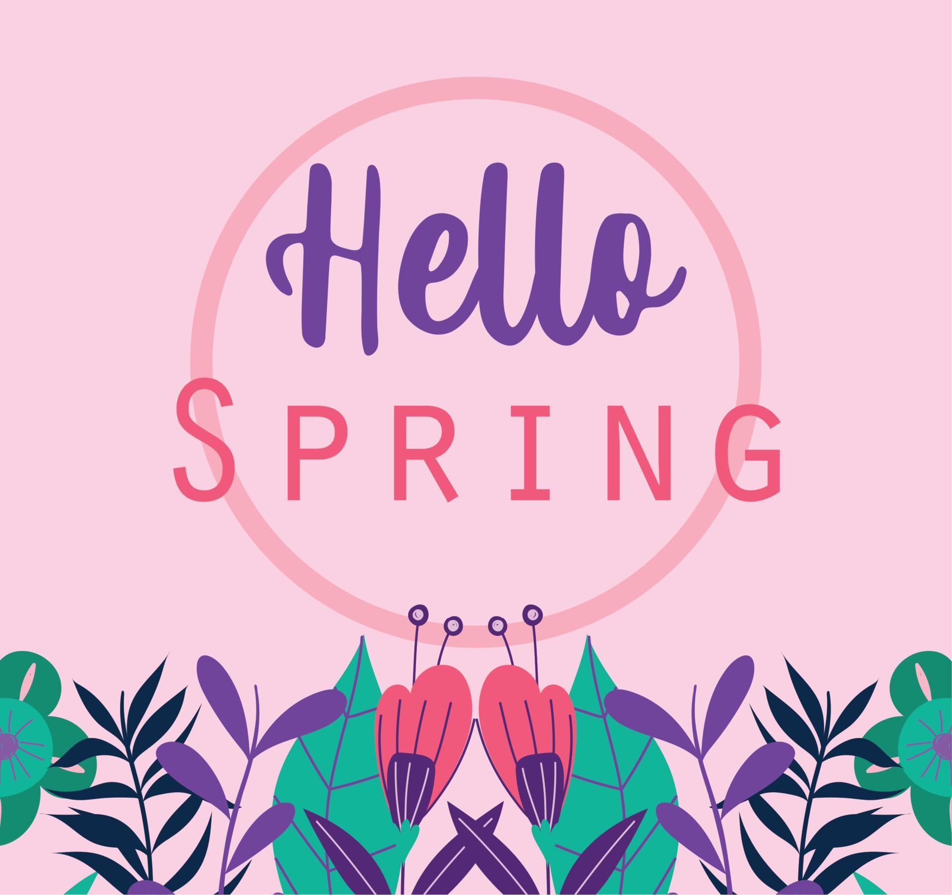 hello spring, phrase flowers leaves plants seasonal decoration Stock Free