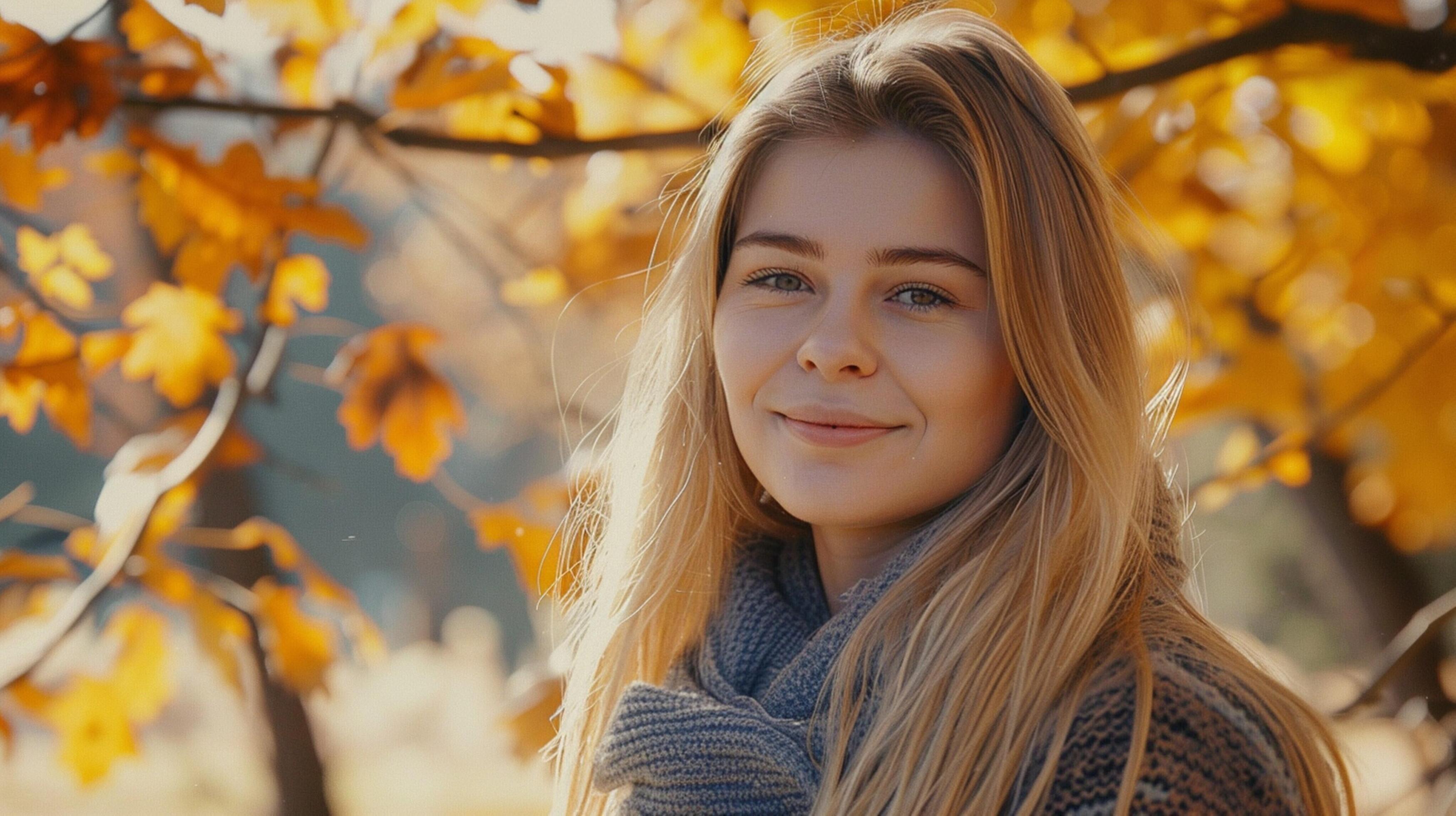 young woman with long blond hair enjoying autumn Stock Free