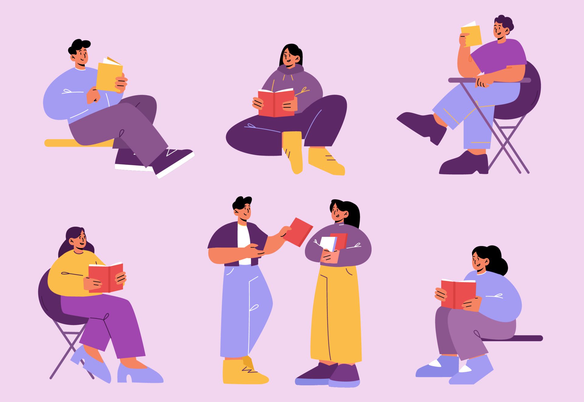 Young people, students reading books Free Vector