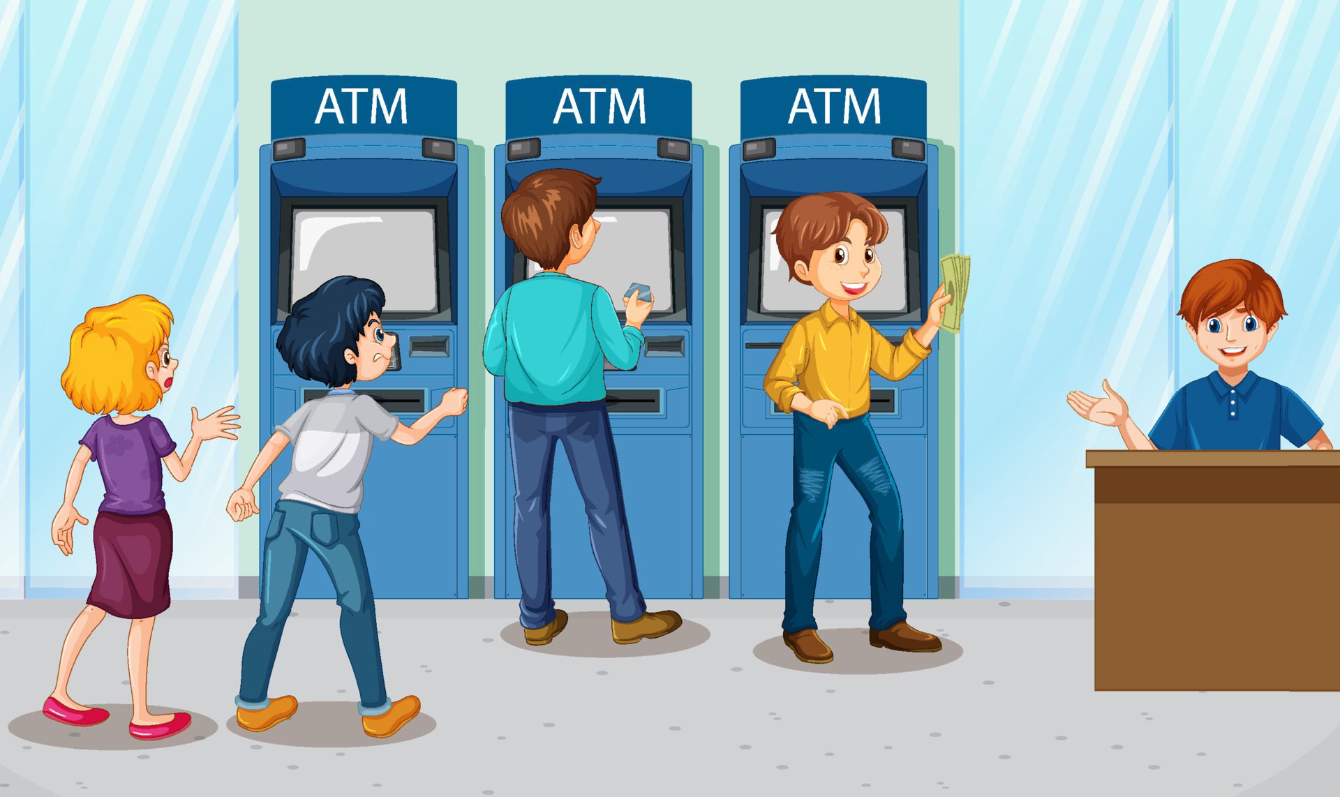 
									ATM bank scene with people cartoon character Free Vector