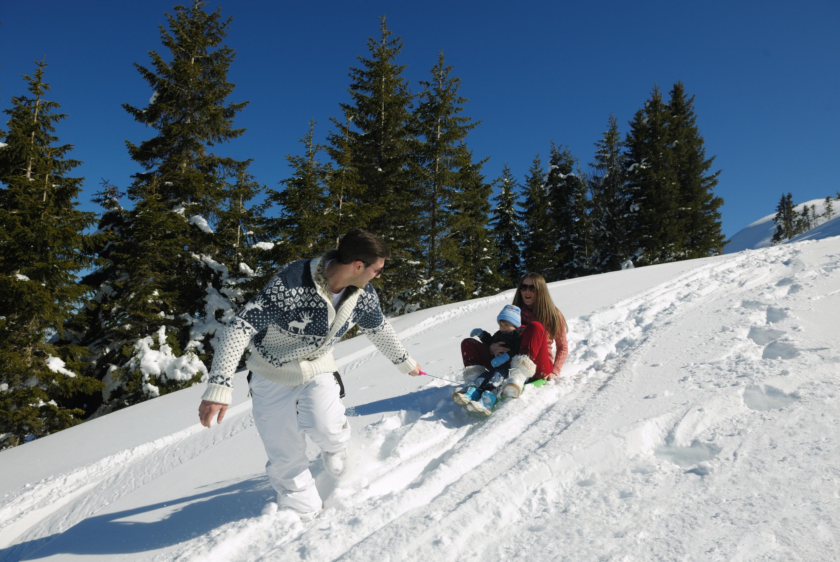 family having fun on fresh snow at winter Stock Free