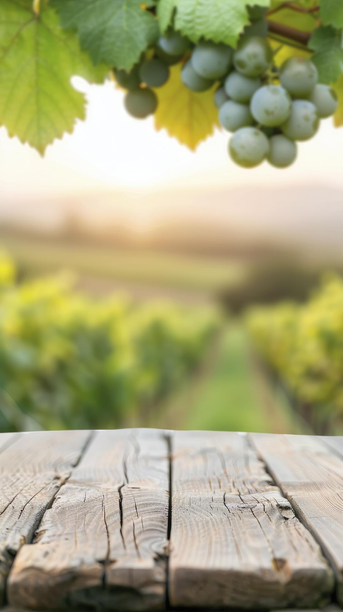 Wooden table top with blurred background of vineyard in Tuscany, Italy. beautiful landscape with green hills and cypress trees at sunset. Stock Free