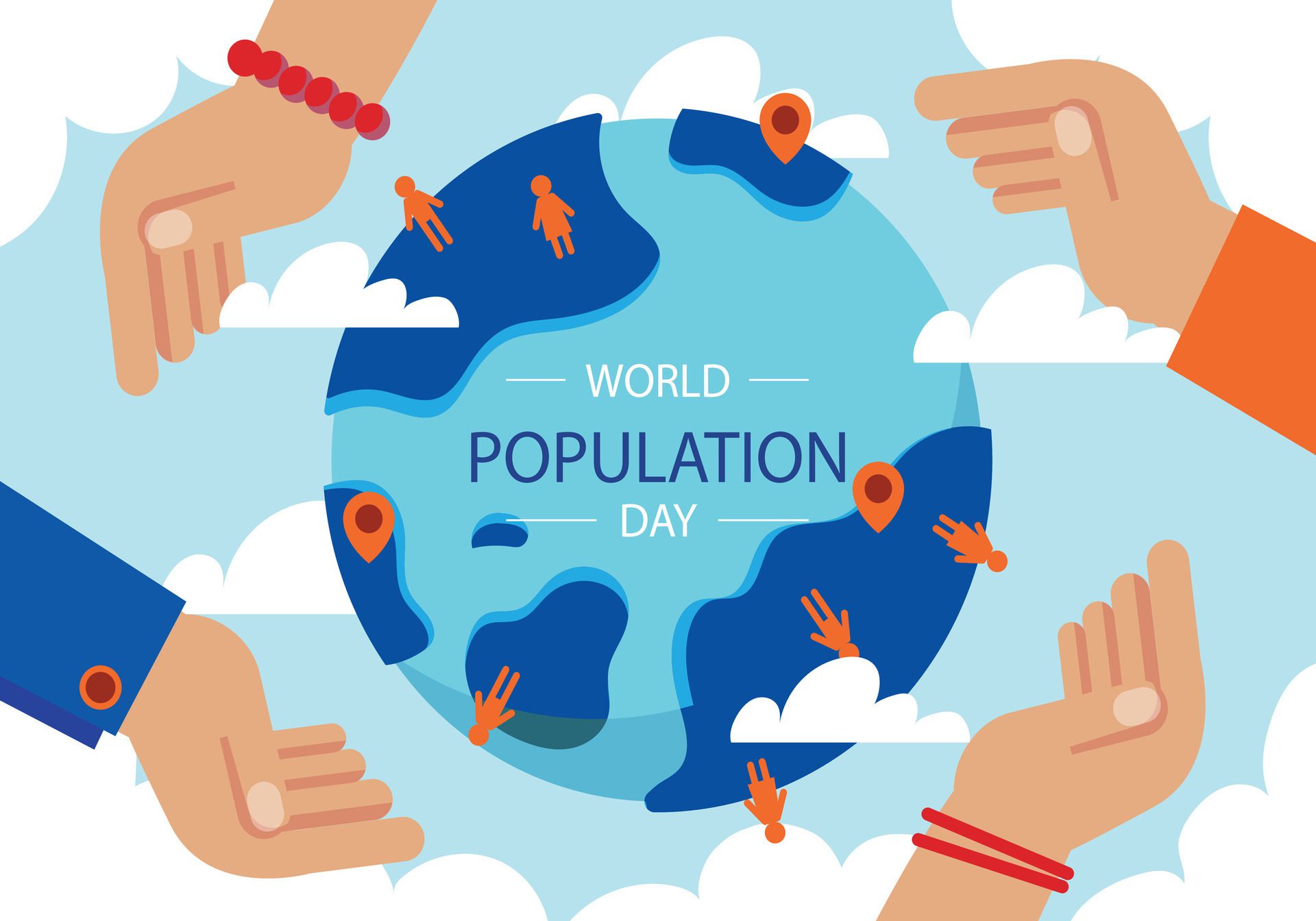 Flat world population day background with hands holding planet with people Free Vector