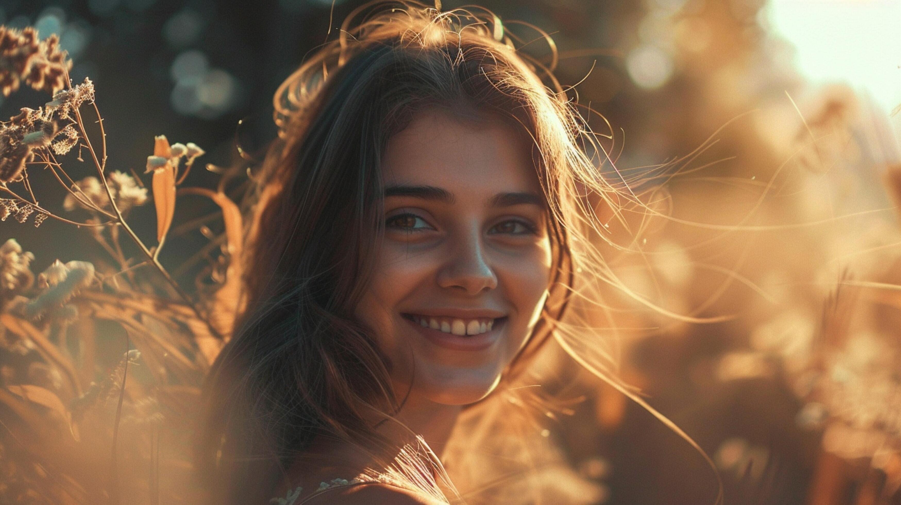 young woman smiling looking at camera surrounded Stock Free