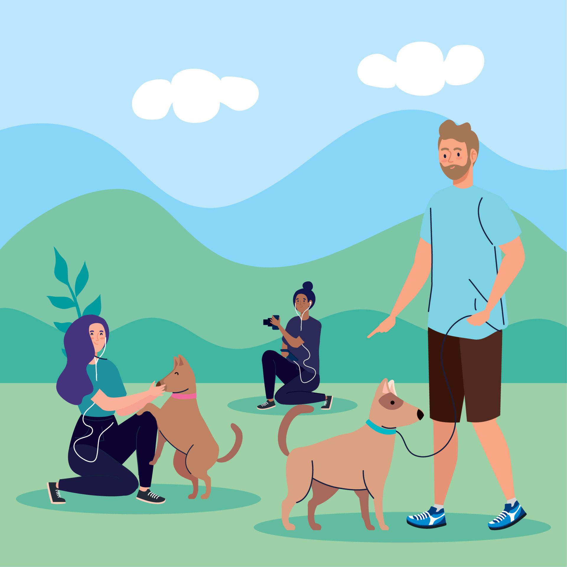 group people performing outdoor activities, couple on a walk with a dogs and photographer woman Free Vector