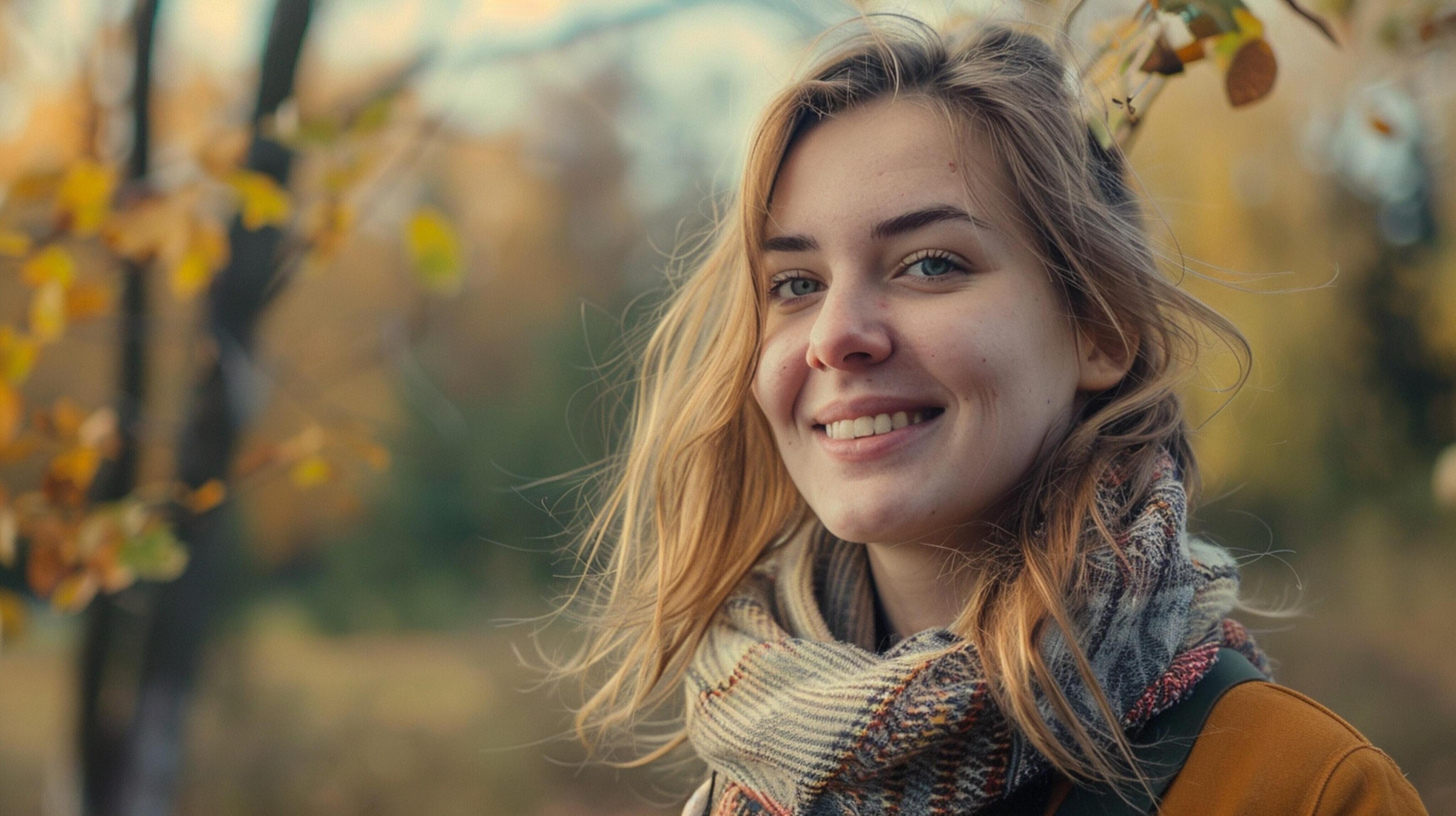 young woman outdoors looking at camera smiling Stock Free